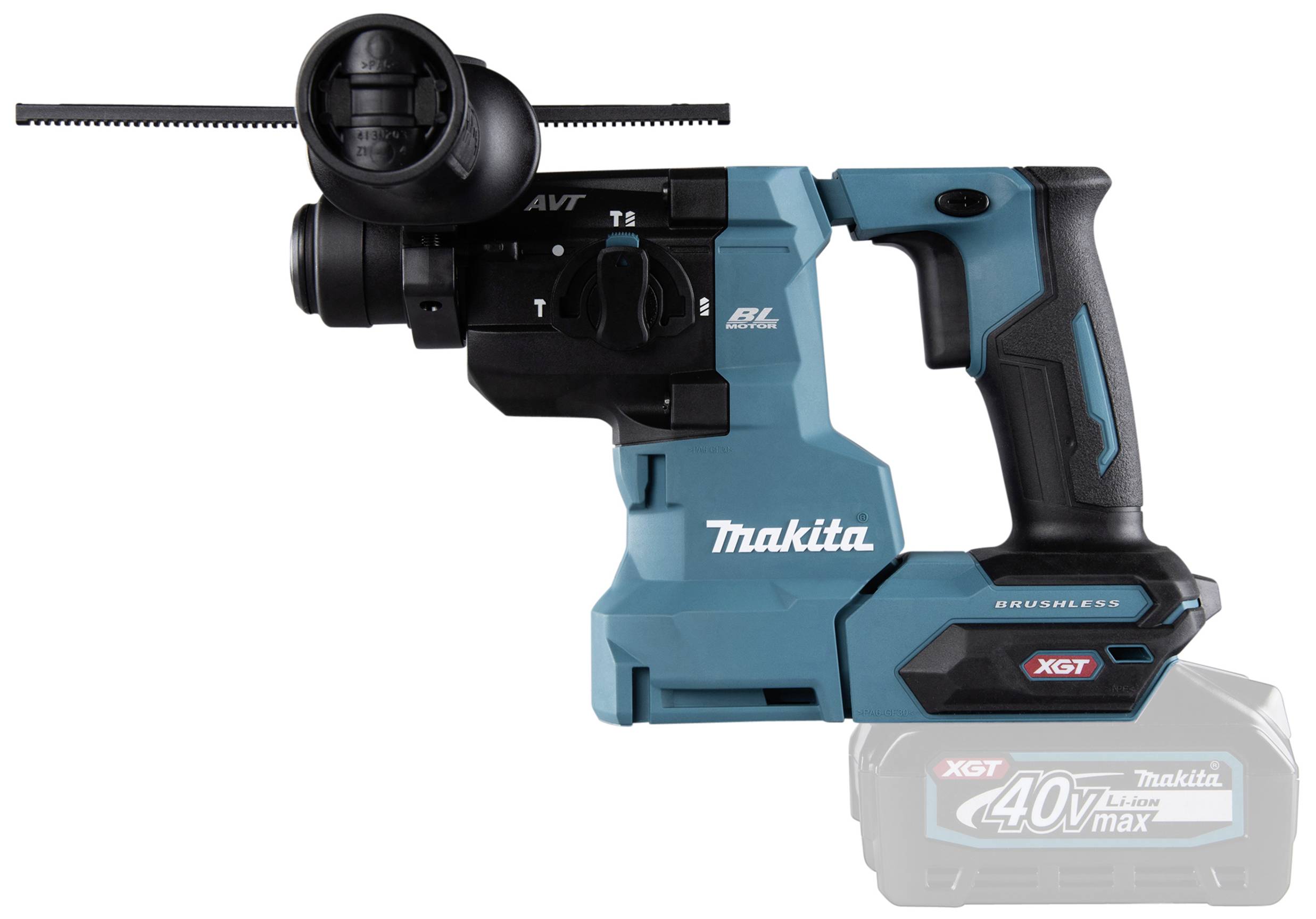Ein Akku-Bohrhammer in Blau mit schwarzem Griff und verschiedenen Einstellungen. Modellname 'Makita' und Batterietyp 'XGT 40V max’.