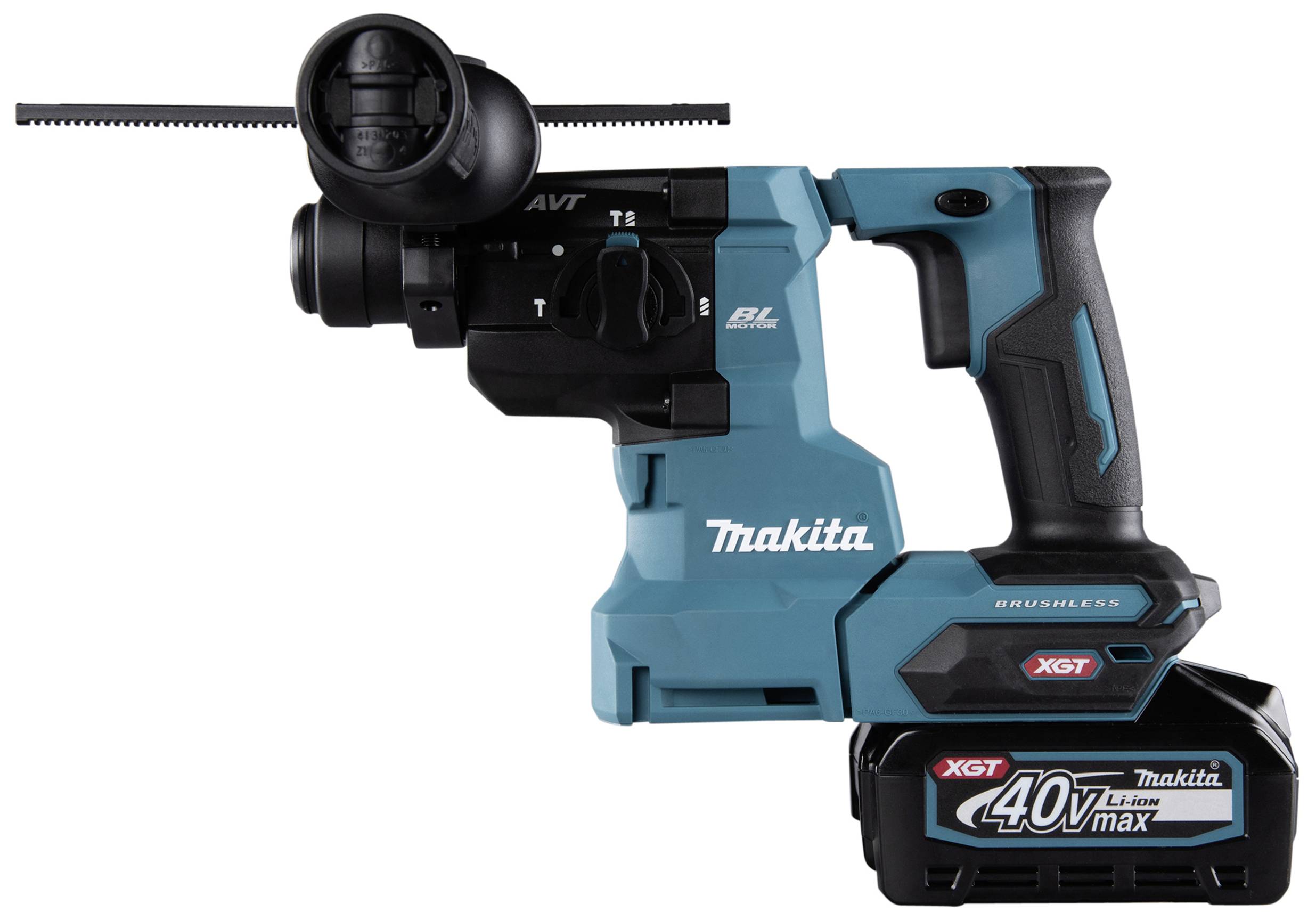 Blaue, schnurlose Makita Bohrmaschine mit 40V-Akku und ergonomischem Griff, geeignet für schwere Arbeiten in Bau und Renovierung.