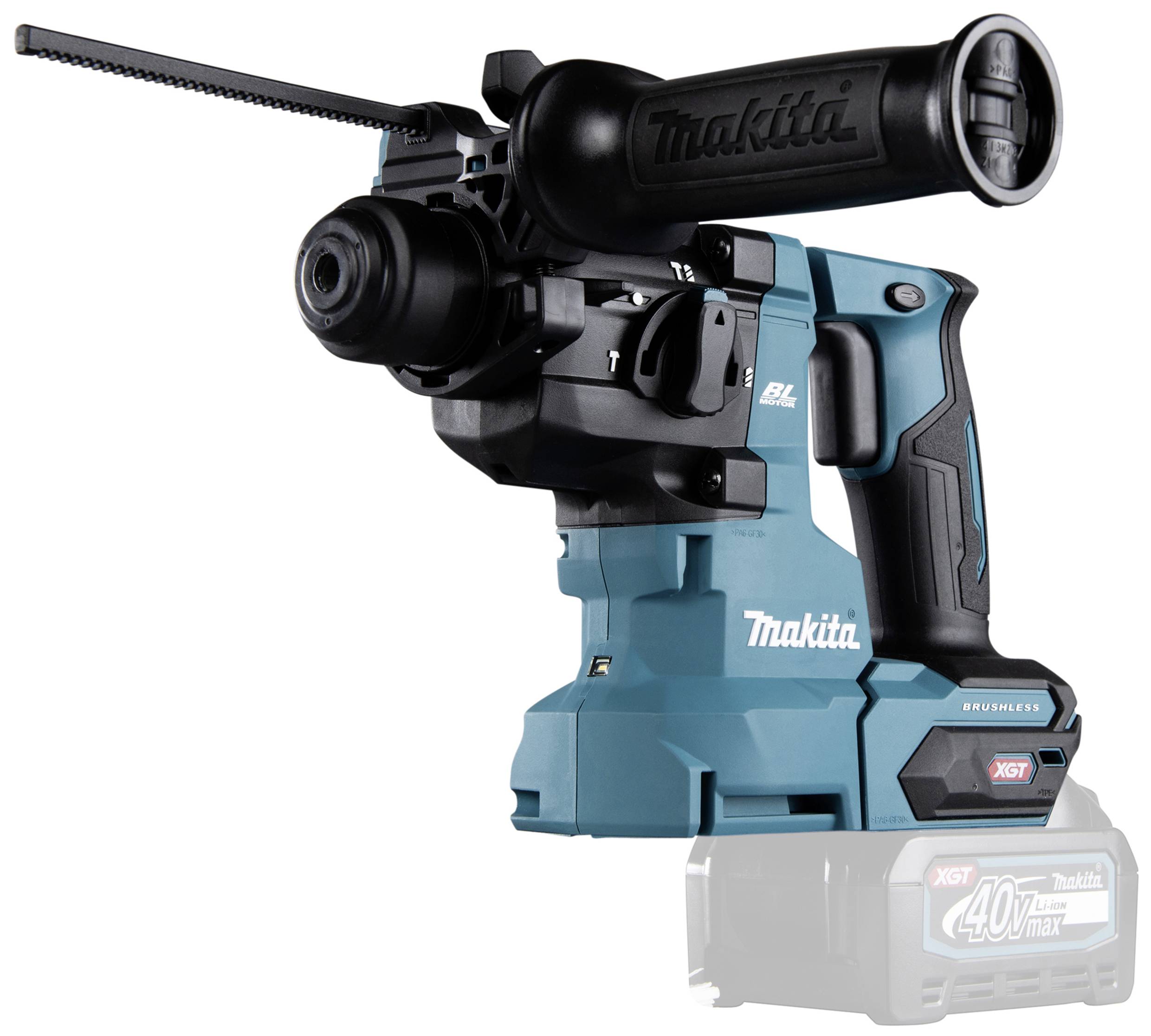 Ein kabelloser Makita-Bohrhammer in Blau und Schwarz mit ergonomischem Griff, einsetzbar zum Bohren und Meißeln in harten Materialien.