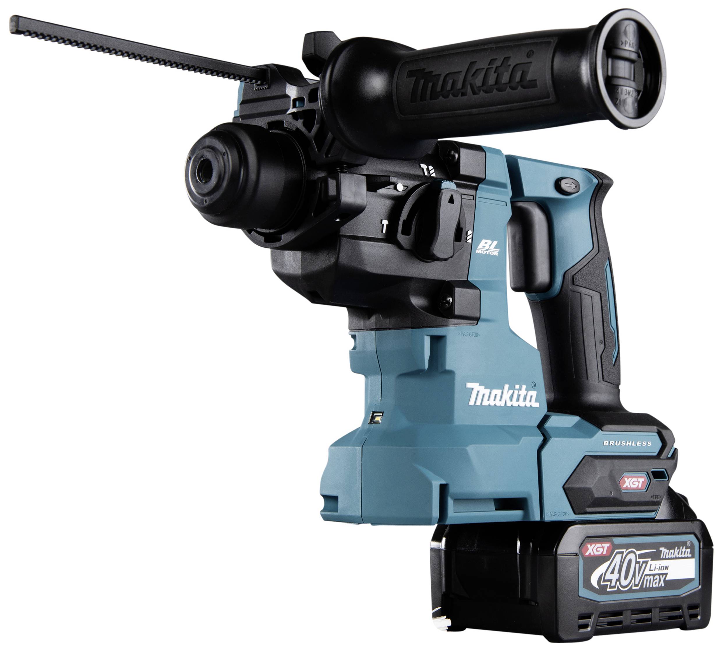 Makita Akku-Bohrhammer XGT 40V max, kabelloses Werkzeug, blau-schwarz, mit starkem Griff und Wechselakku, für schwere Bohrarbeiten.