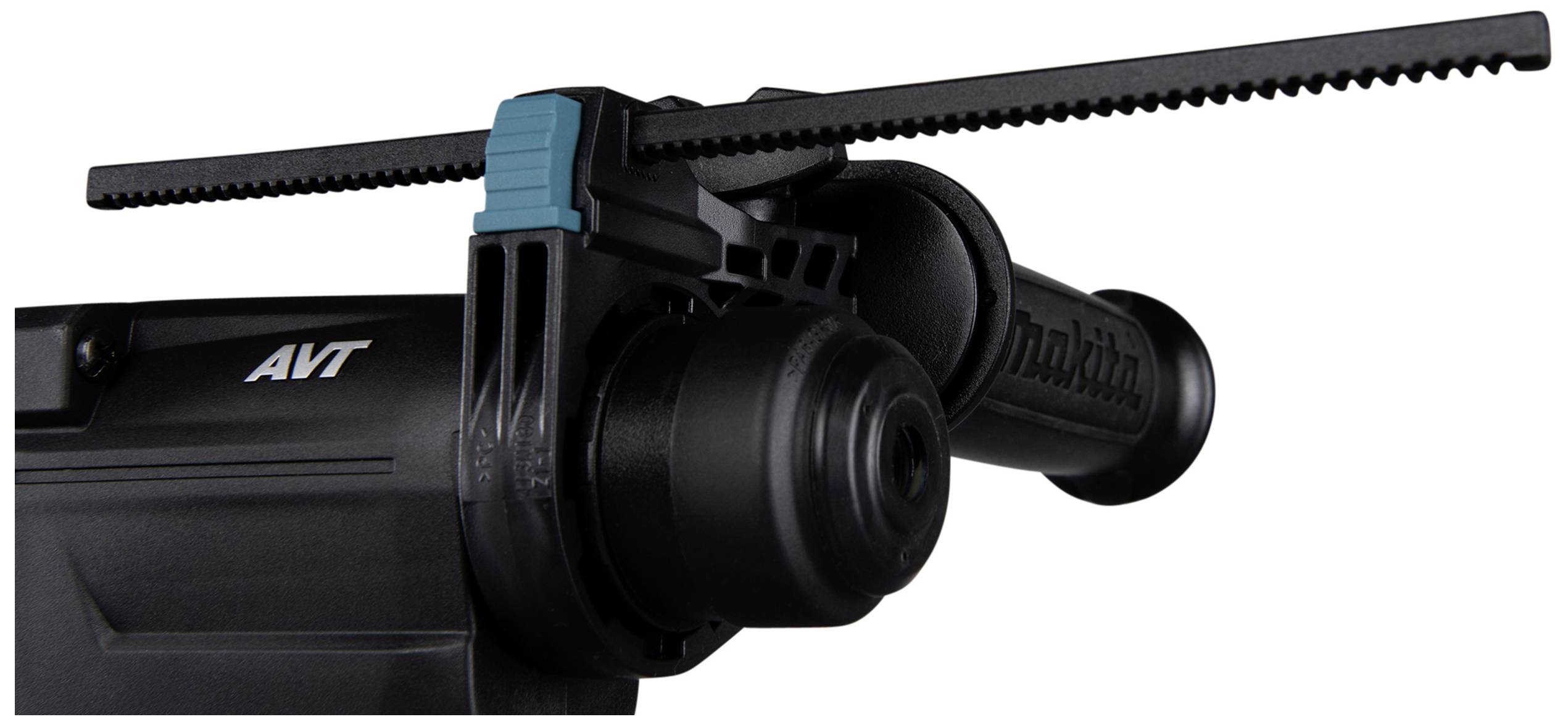 Bohrmaschine mit seitlichem Griff und Zahnstangenbohrer. Schwarzes Gehäuse mit blauen Akzenten.