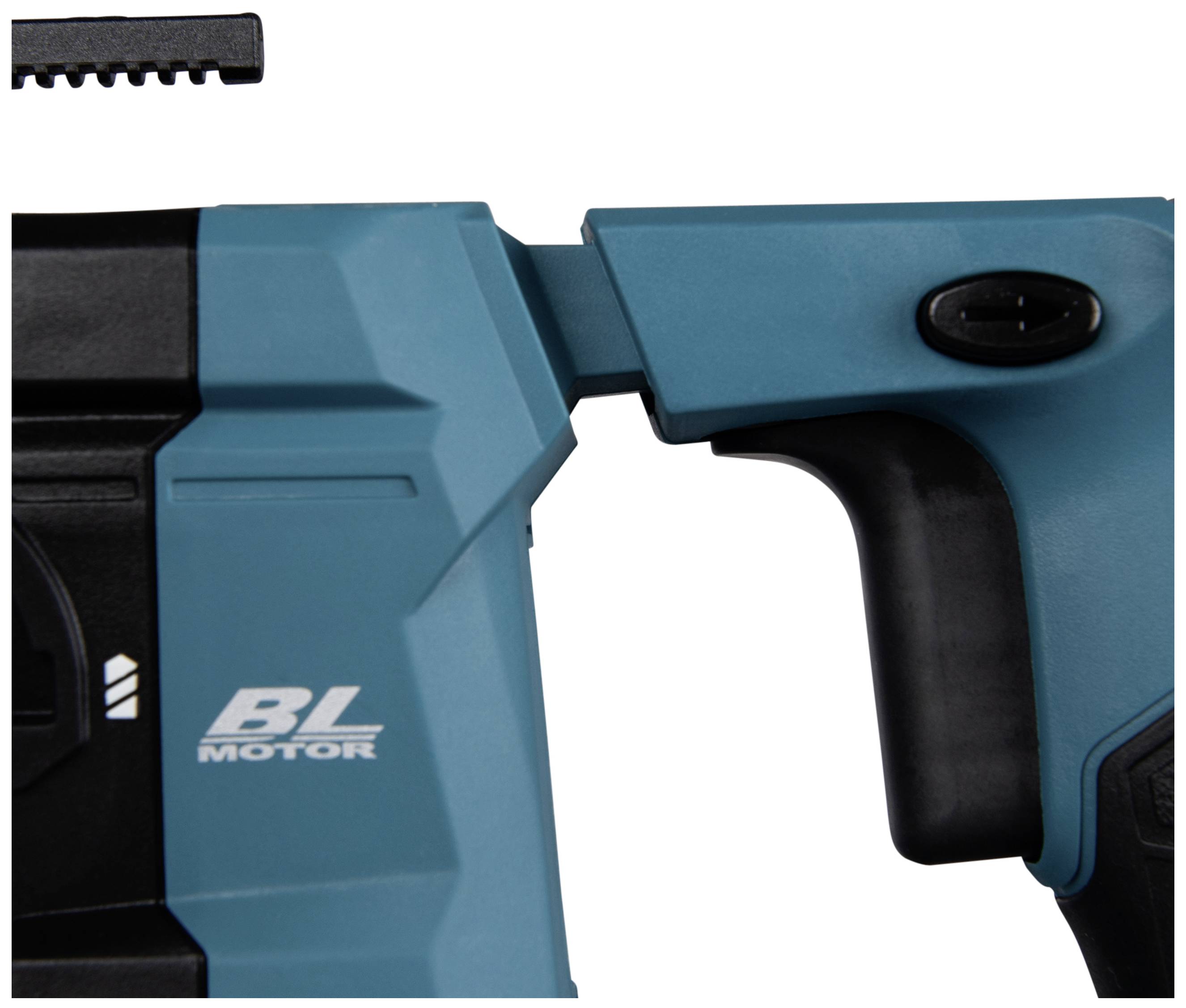 Nahaufnahme eines blauen elektrischen Werkzeugs mit Griff und Schalter auf der rechten Seite, gekennzeichnet mit 'BL Motor'.