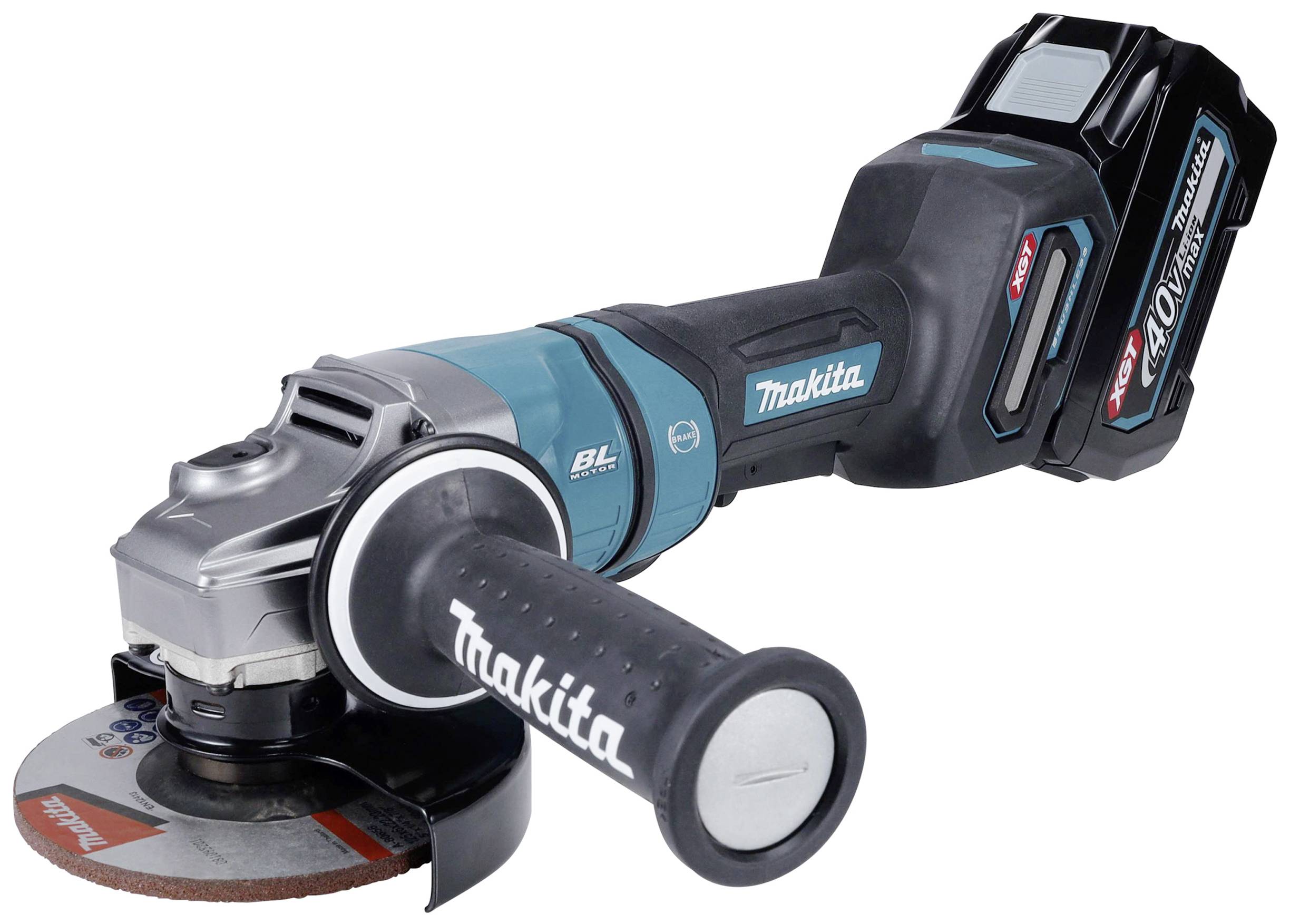 Eine kabellose Winkelschleifer mit blau-schwarzem Gehäuse, ergonomischem Griff und Scheibe. Markenname ist auf dem Griff sichtbar.
