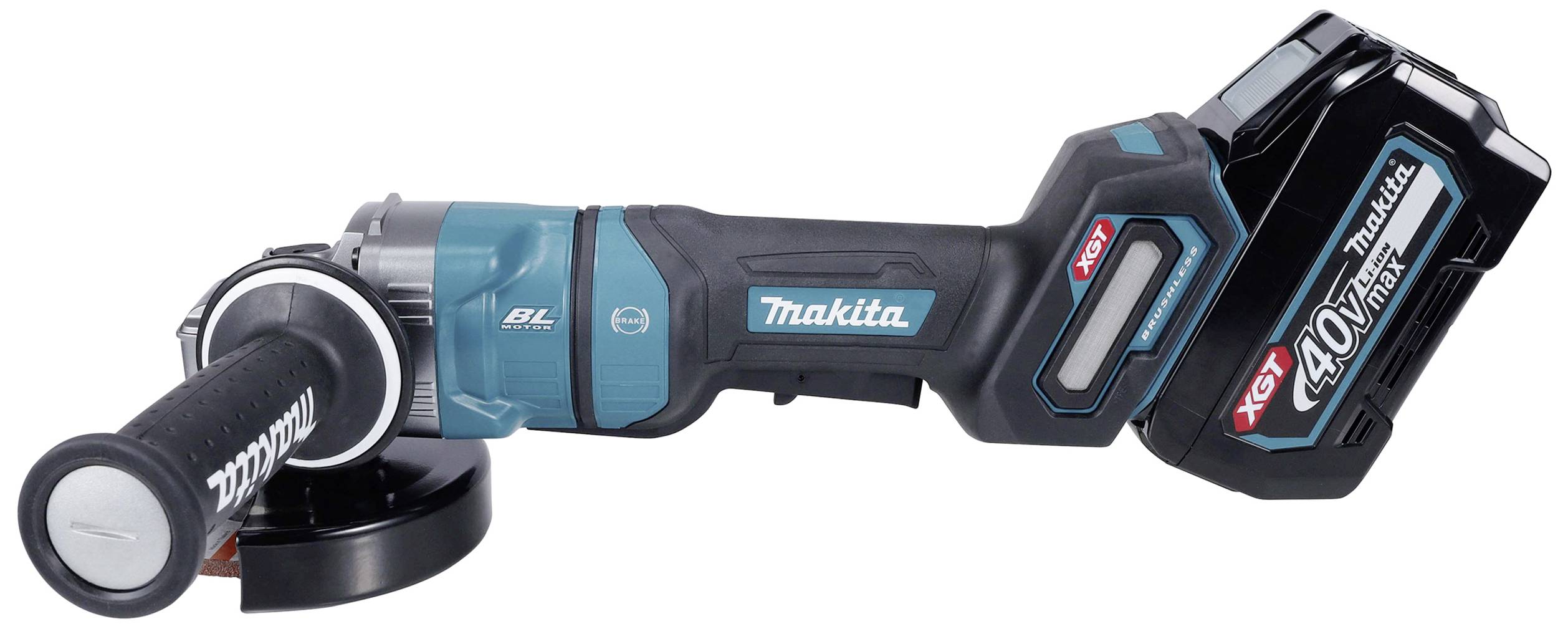 Ein kabelloser Winkelschleifer von Makita mit 40V-Batterie und ergonomischem Griff. Geeignet für Metall- und Steinbearbeitung.