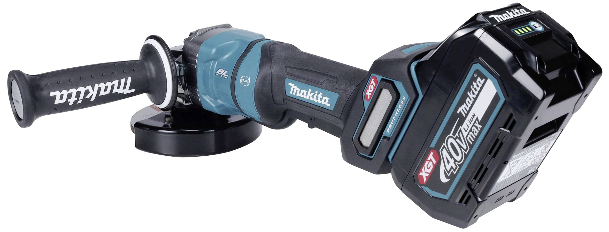Ein kabelloser Winkelschleifer mit blauem und schwarzem Gehäuse, links der Griff, rechts der Akku. Akku ist mit '40V XGT' beschriftet.