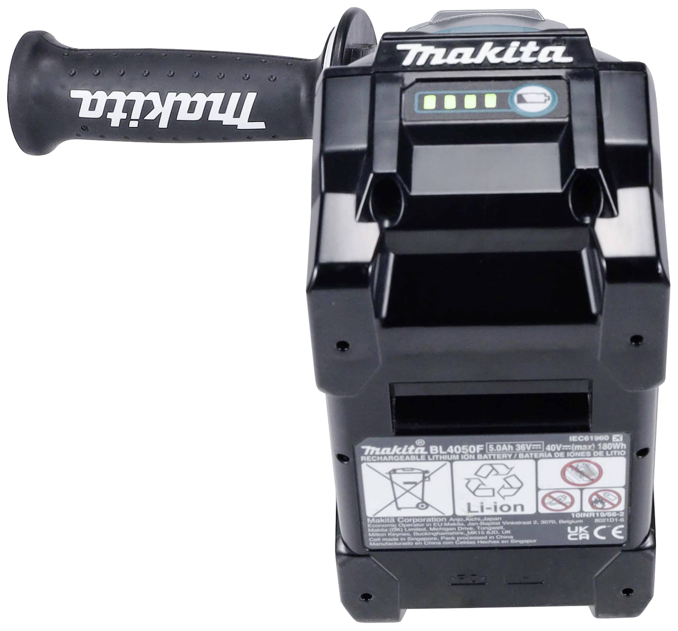 Makita Akkuschrauber, schwarzes Design, zeigt Batterieanzeige mit vier grünen LEDs. Lithium-Ionen-Technologie, Kompatibilitätssymbole sichtbar.