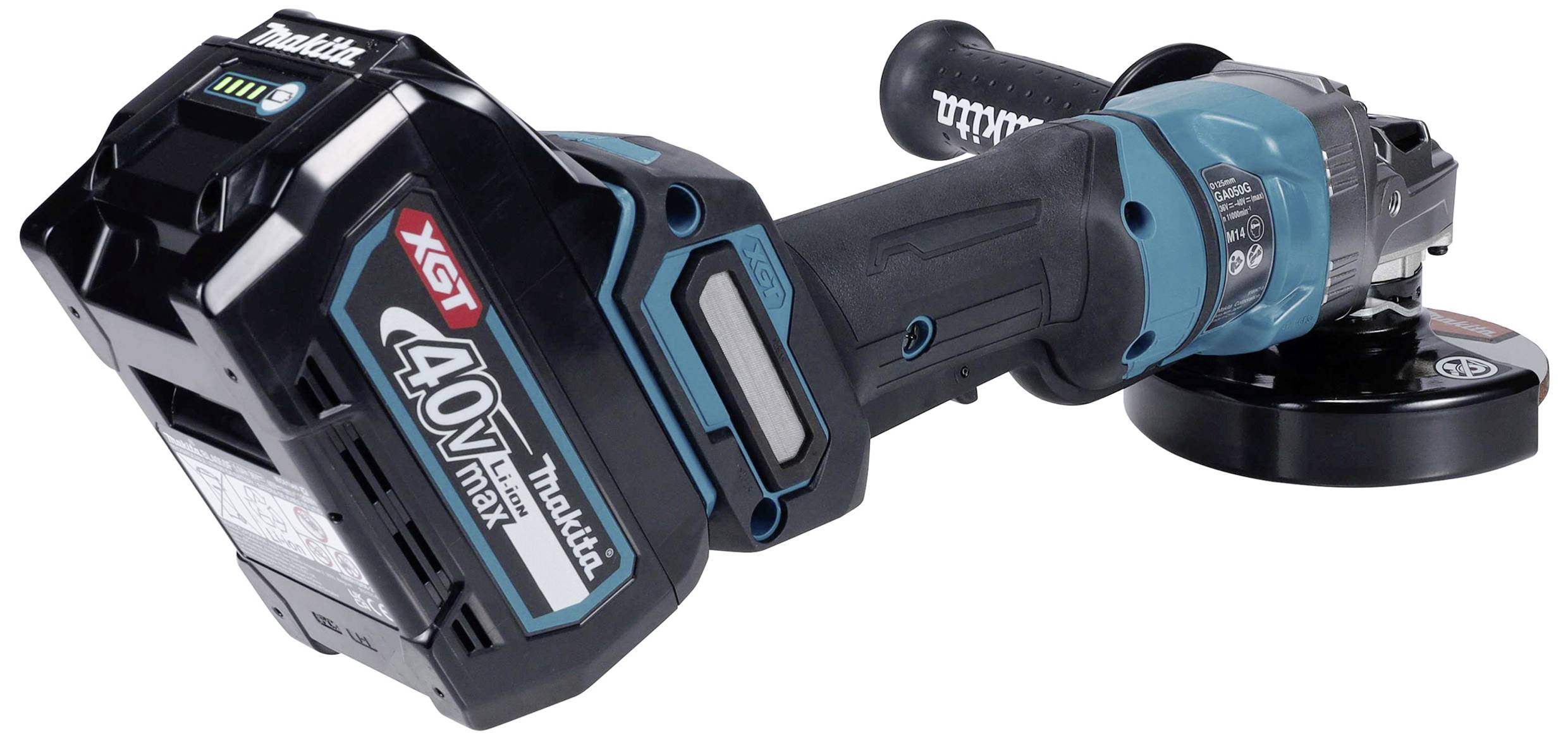 Ein kabelloser Winkelschleifer mit '40V max'-Akku, ergonomischem Griff und Schleifscheibe. Markenname auf Griff und Akku abgebildet.