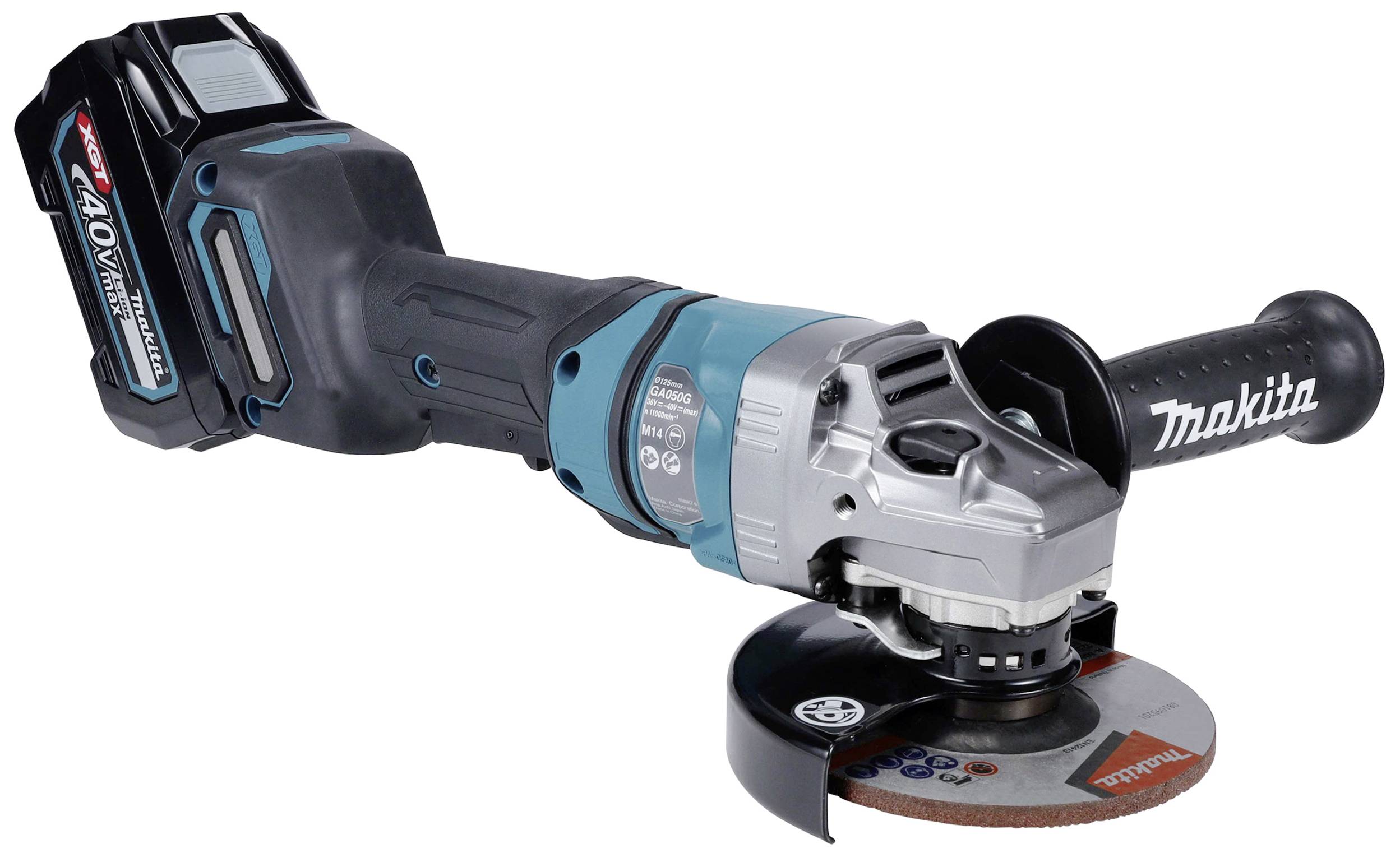 Akkubetriebener Winkelschleifer mit ergonomischem Griff, 40V, silber-blaues Design, Markenname sichtbar auf dem Zusatzgriff.