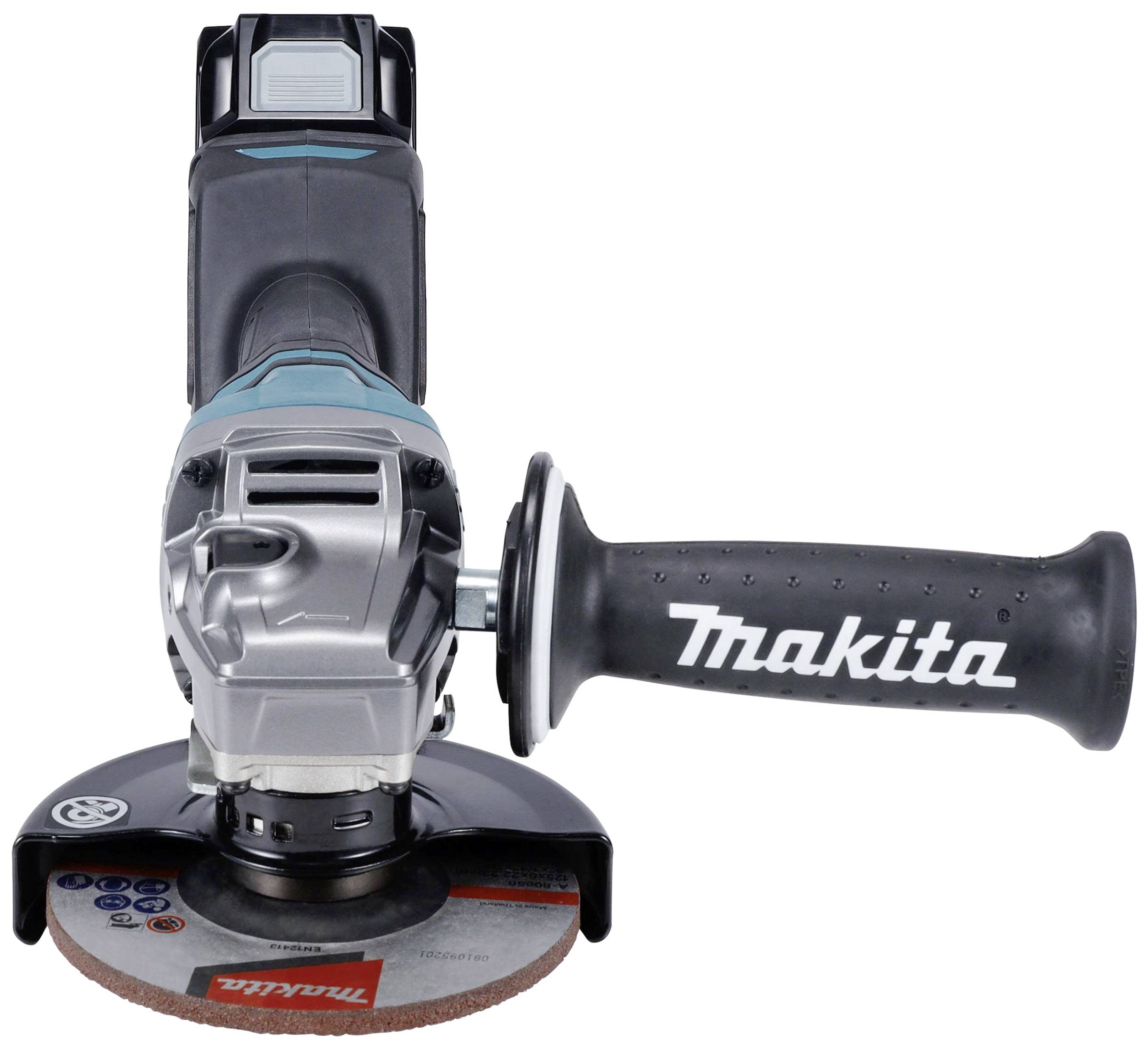 Makita Winkelschleifer mit grauem Gehäuse und schwarzem Griff, geeignet für Schleif- und Trennarbeiten.