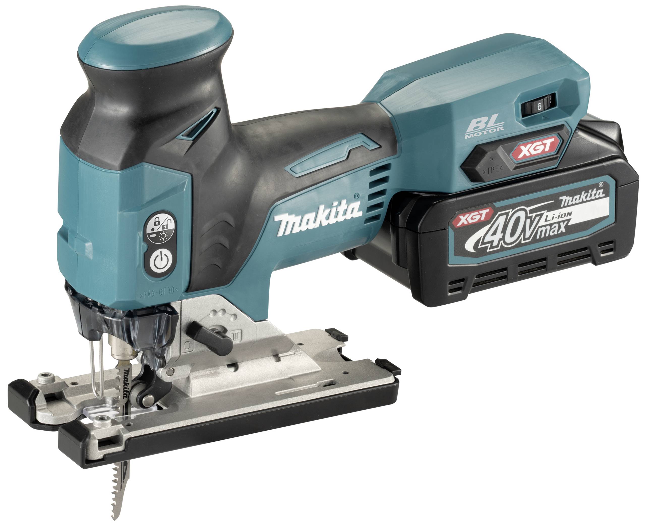 Akkustichsäge mit blauem und schwarzem Gehäuse, Marke Makita, Modell XGT 40V max, mit Sicht auf Klingenaufnahme und Akku.