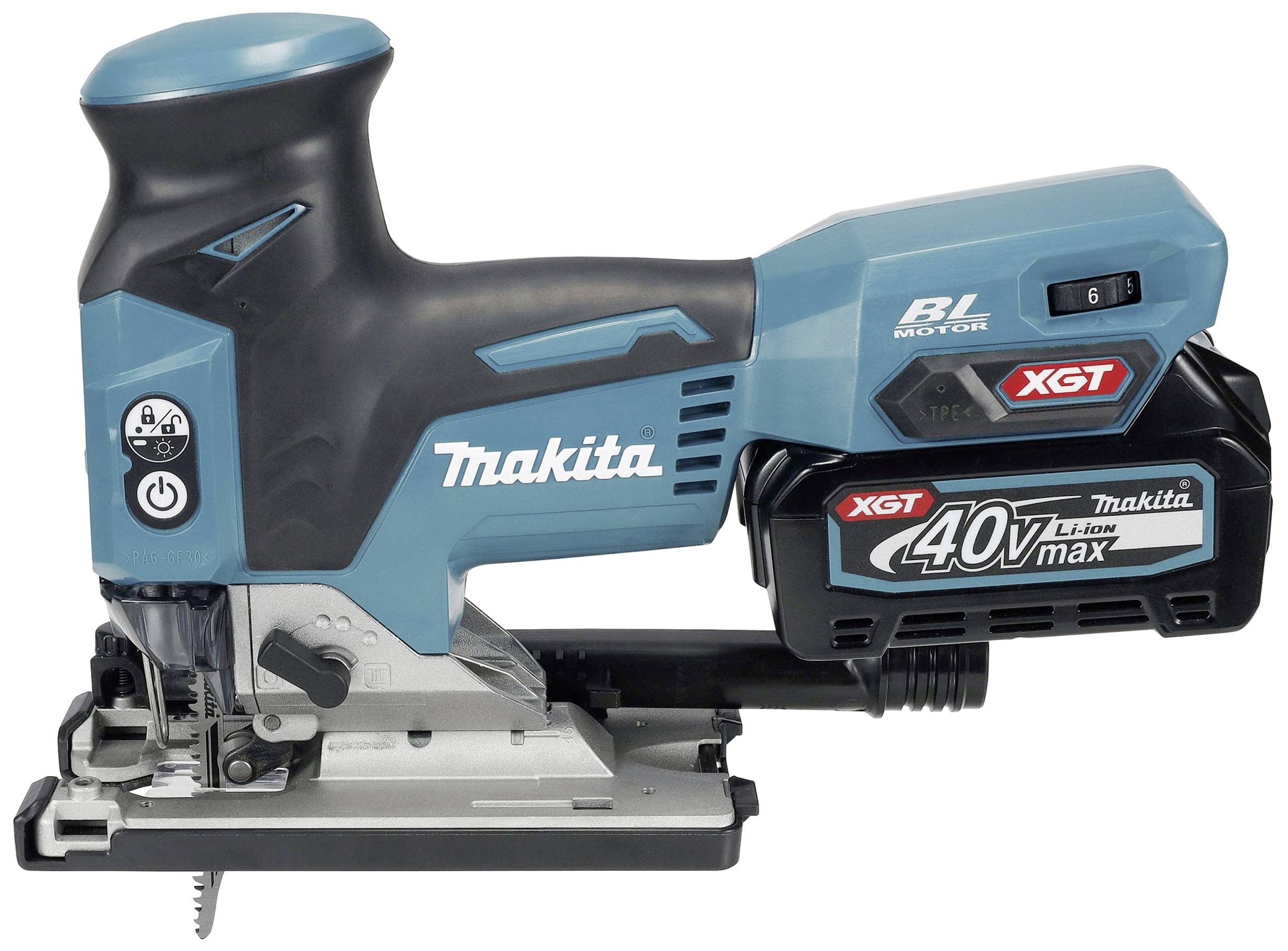 Elektrowerkzeug: Eine blaue und schwarze Makita-Stichsäge mit 40V Akku und XGT-Technologie, seitlich abgebildet.