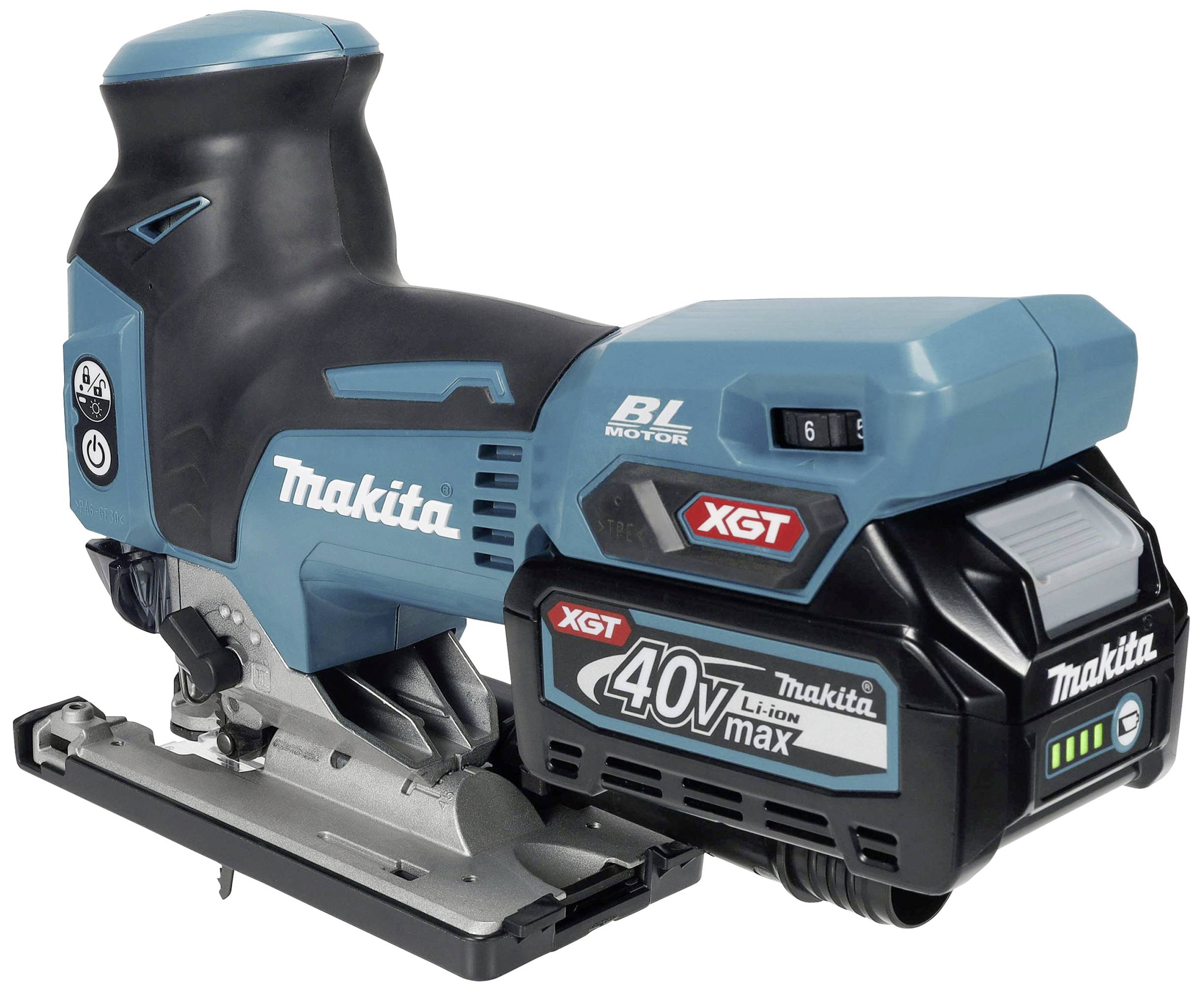 Akkubetriebene Stichsäge von Makita, Modell XGT BL Motor, 40V max. Gezeigte Merkmale: Energiestatusanzeige und ergonomisches Design.