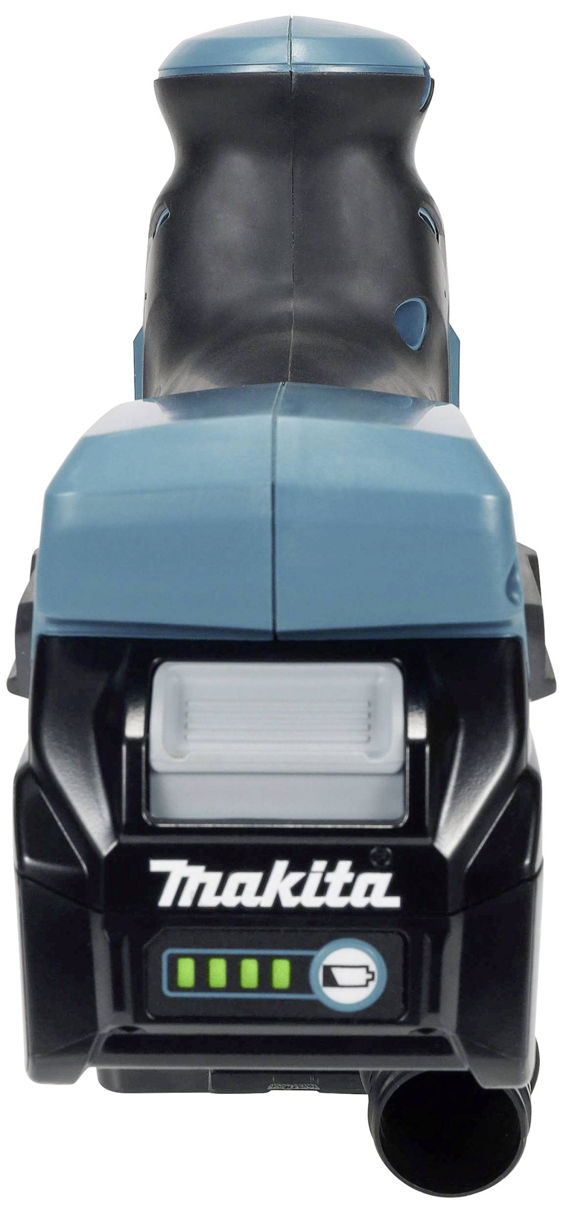 Elektrowerkzeug von vorn, schwarz und blau, mit einem Markenlogo 'Makita' und einer Ladeanzeige mit vier grünen LEDs.
