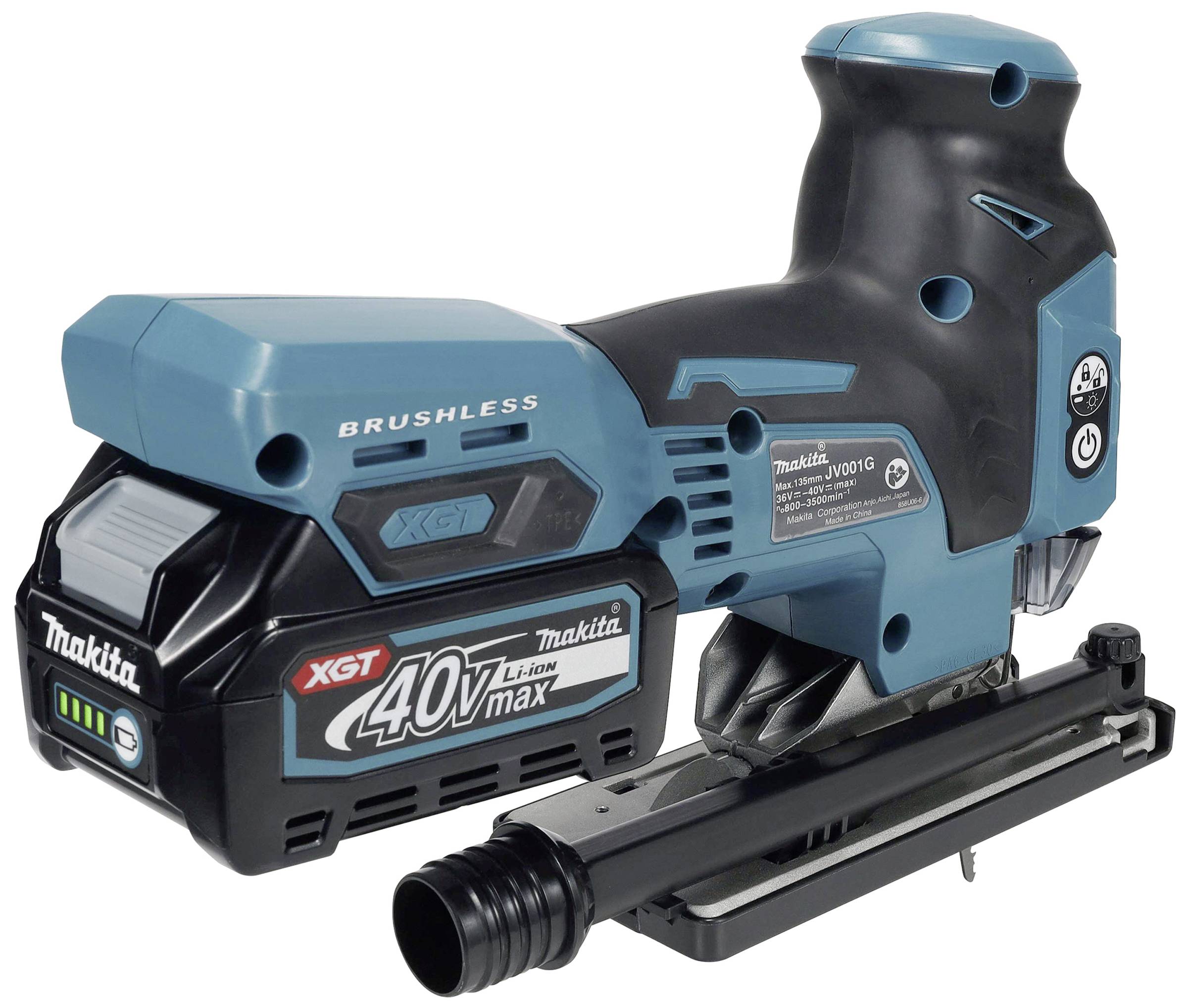 Makita Akku-Stichsäge in Blau-Schwarz, Modell XGT 40V max, mit bürstenlosem Motor und Staubabsauganschluss.