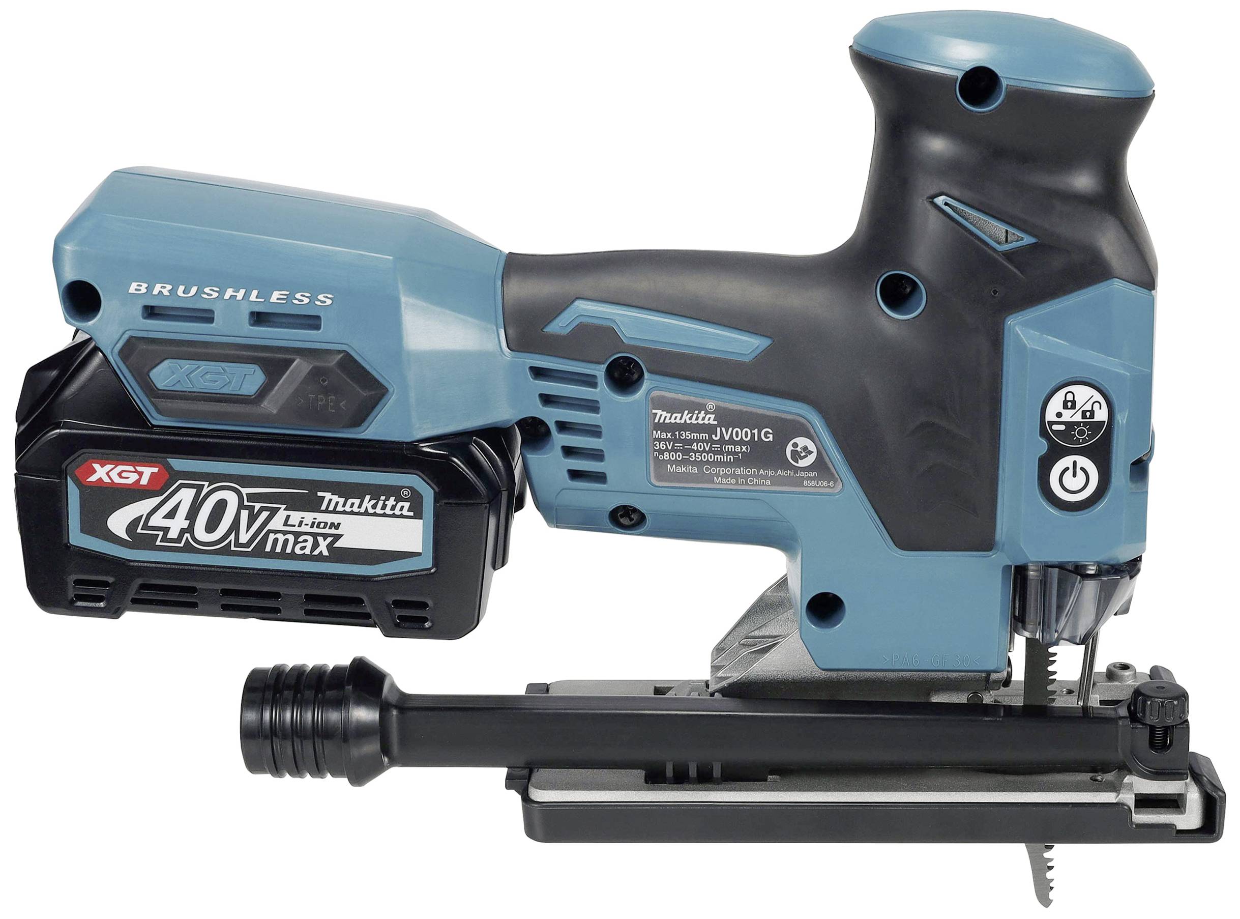 Akkustichsäge mit 40V-Batterie von Makita, blau-schwarz, mit bürstenlosem Motor, seitlicher Knopf zur Drehzahlregelung.
