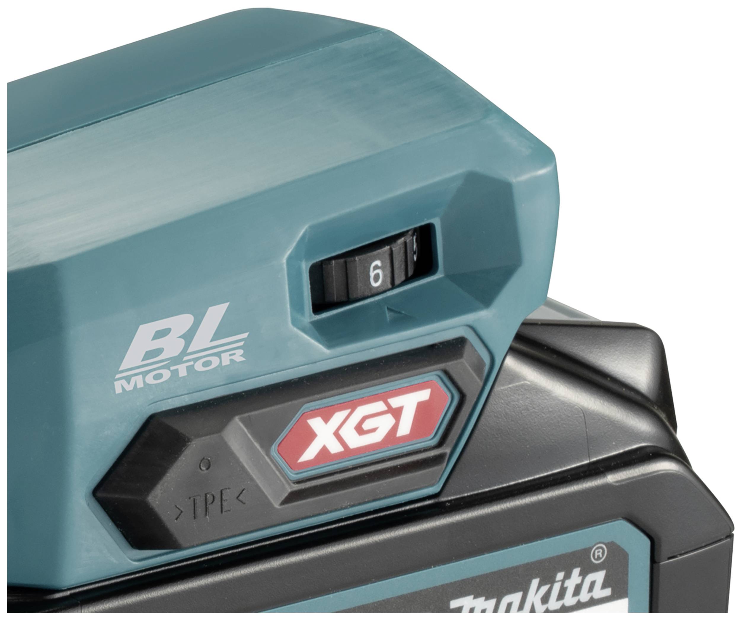 Ein Teil eines Werkzeugs mit der Aufschrift 'BL Motor' und 'XGT', ein Einstellschalter mit der Zahl 6 ist sichtbar.