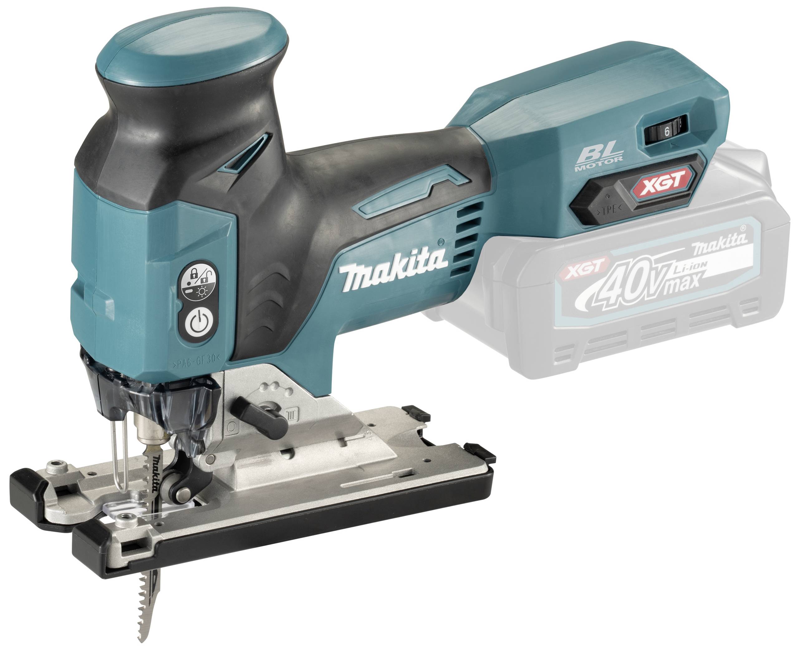 Akkubetriebene Stichsäge von Makita, Modell XGT 40Vmax. Ergonomisches Design in Schwarz und Türkis mit verschiedenen Bedienelementen.