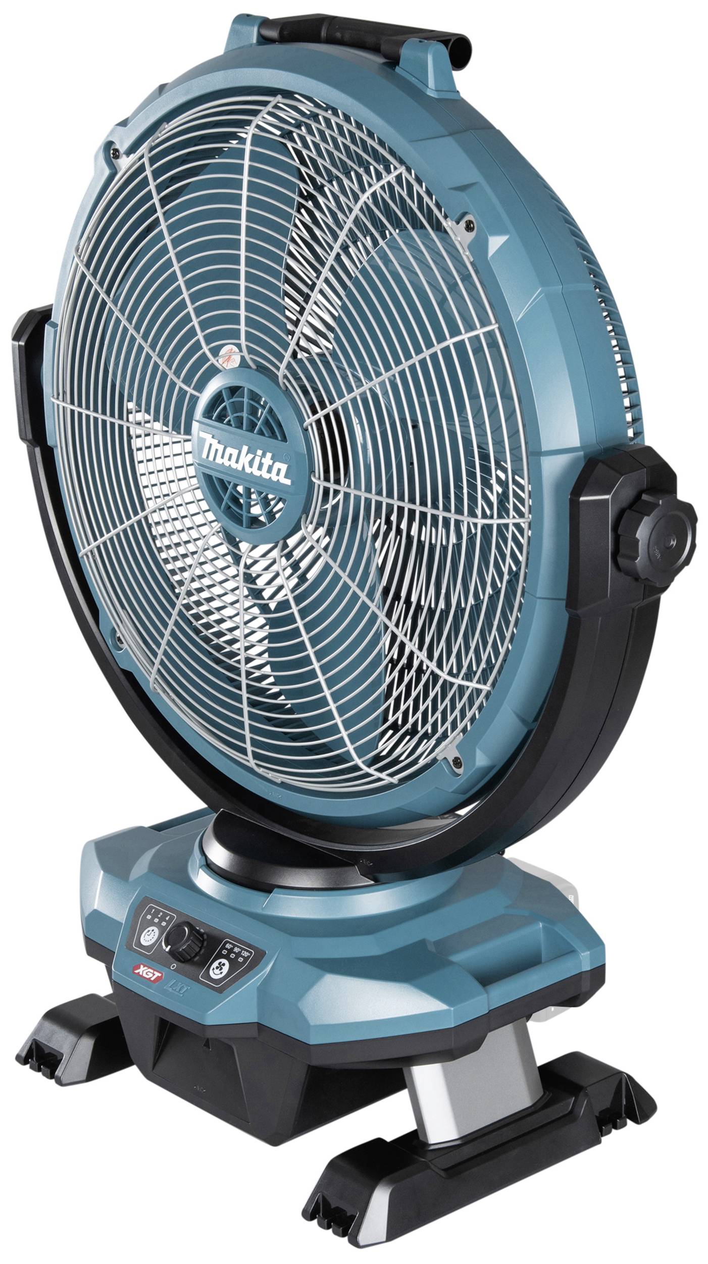 Blauer Standventilator mit einem runden Gitter, das die Rotorblätter schützt. Stabiler Sockel mit Bedienelementen an der Basis.