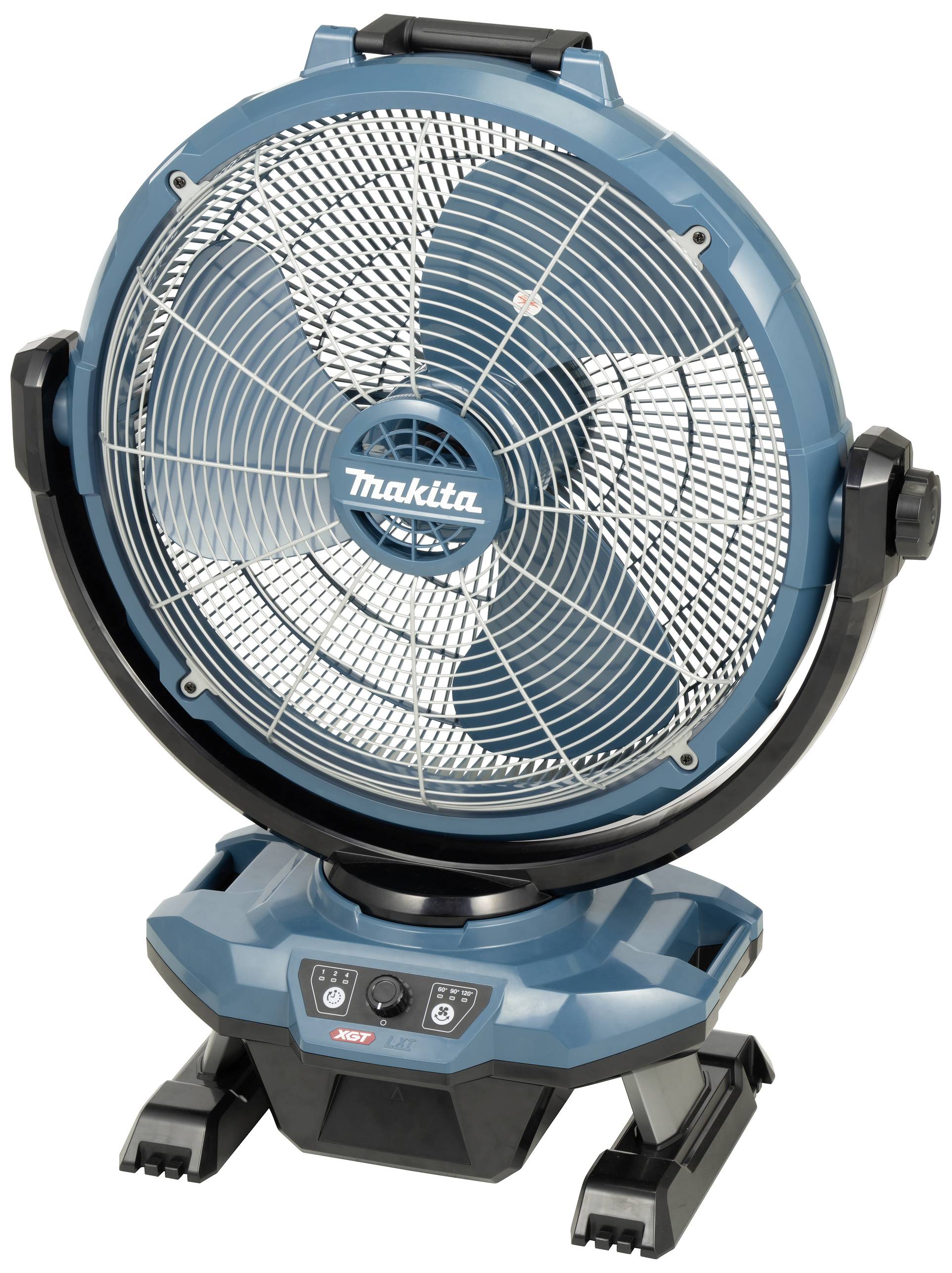 Ein blauer Standventilator mit schwarzem Fuß und Bedienfeld. Das Logo 'Makita' ist in der Mitte des Ventilators.