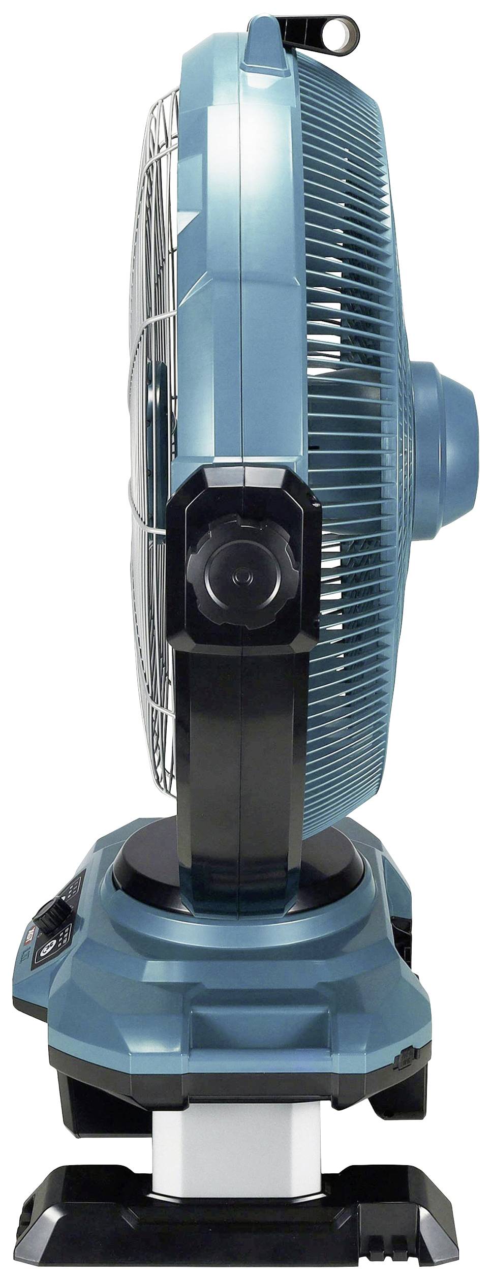 Seitenansicht eines blauen, tragbaren Tischventilators mit schwarzem Standfuß.