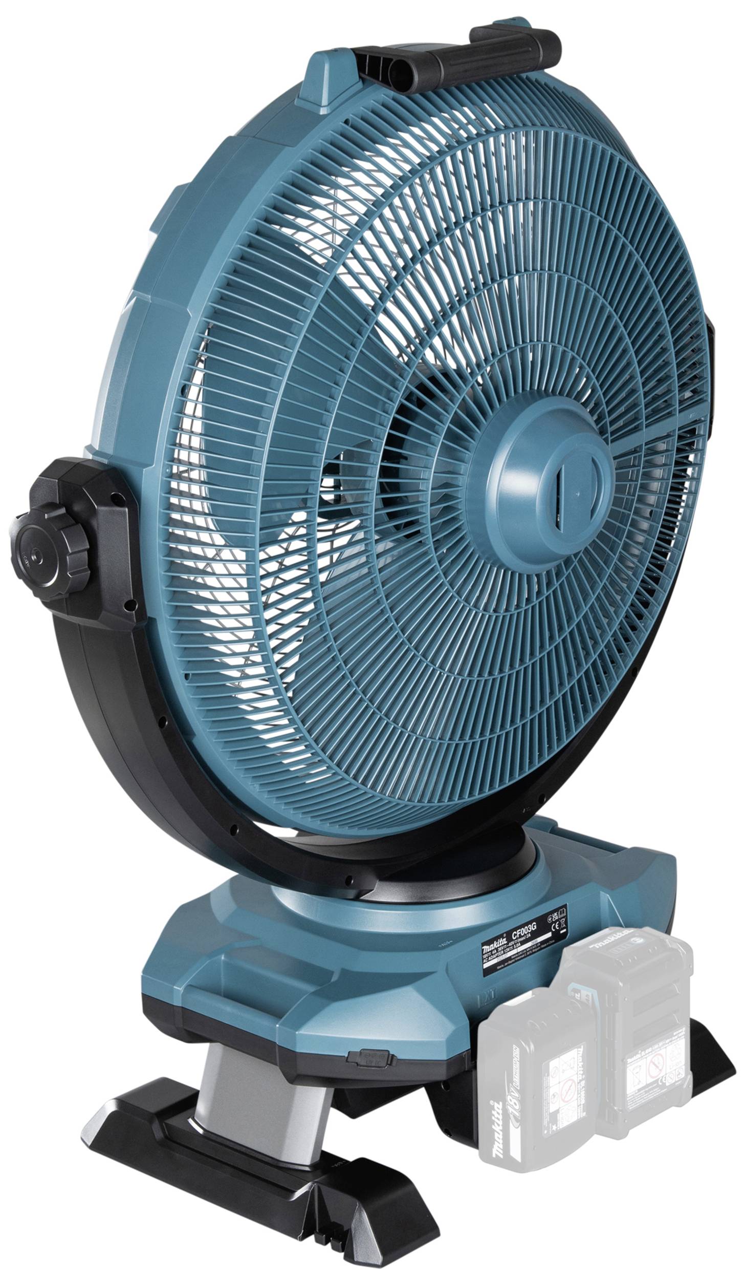 Blauer Standventilator mit Schutzgitter und zwei Batterieeinheiten an der Basis, geeignet für tragbare Anwendung.