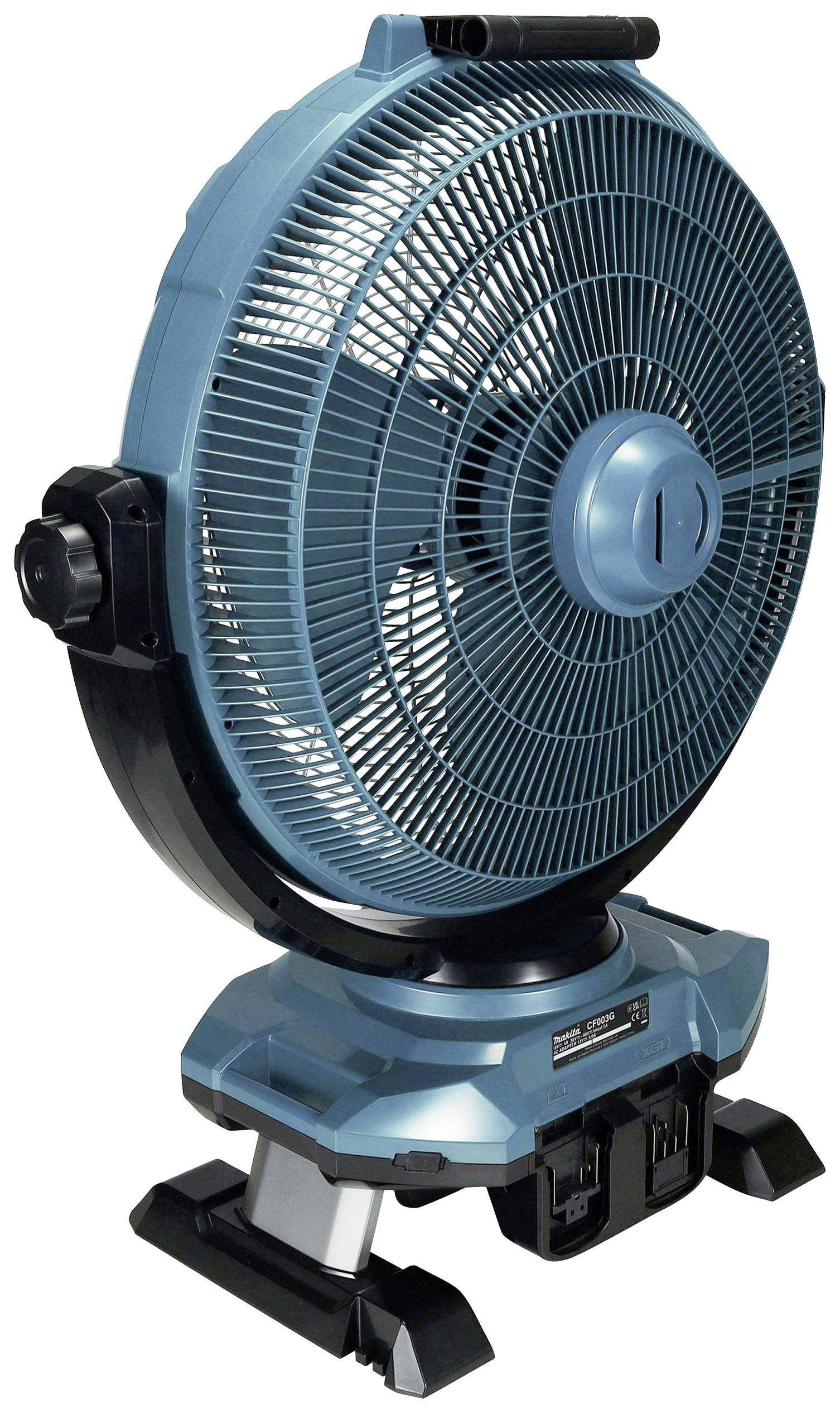 Ein blauer, tragbarer Standventilator mit stabilem Standfuß, geeignet für den flexiblen Einsatz drinnen und draußen.