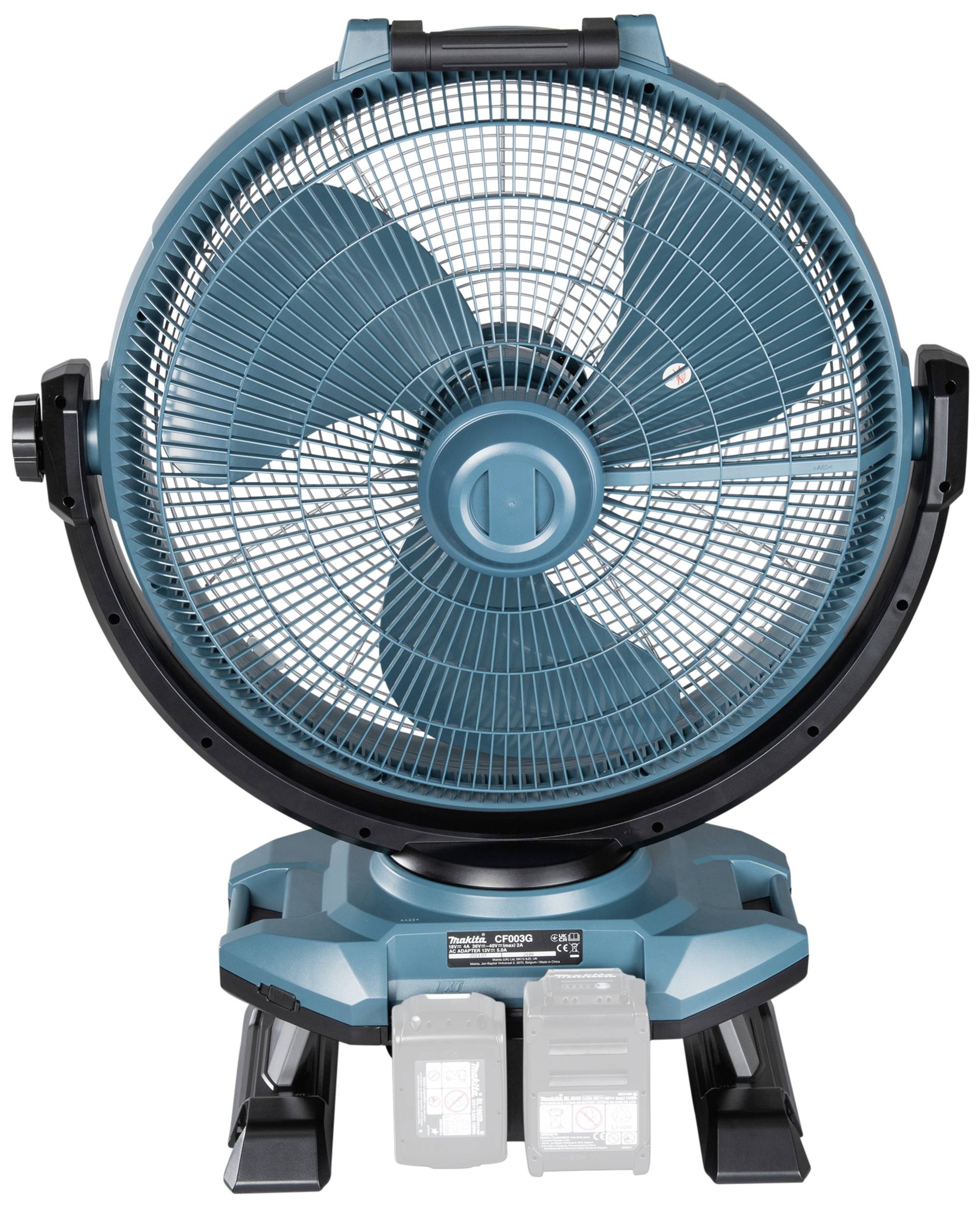 Ein großer blauer Standventilator mit Schutzgitter, montiert auf einem stabilen schwarzen Sockel. Ideal für Kühlung und Belüftung.