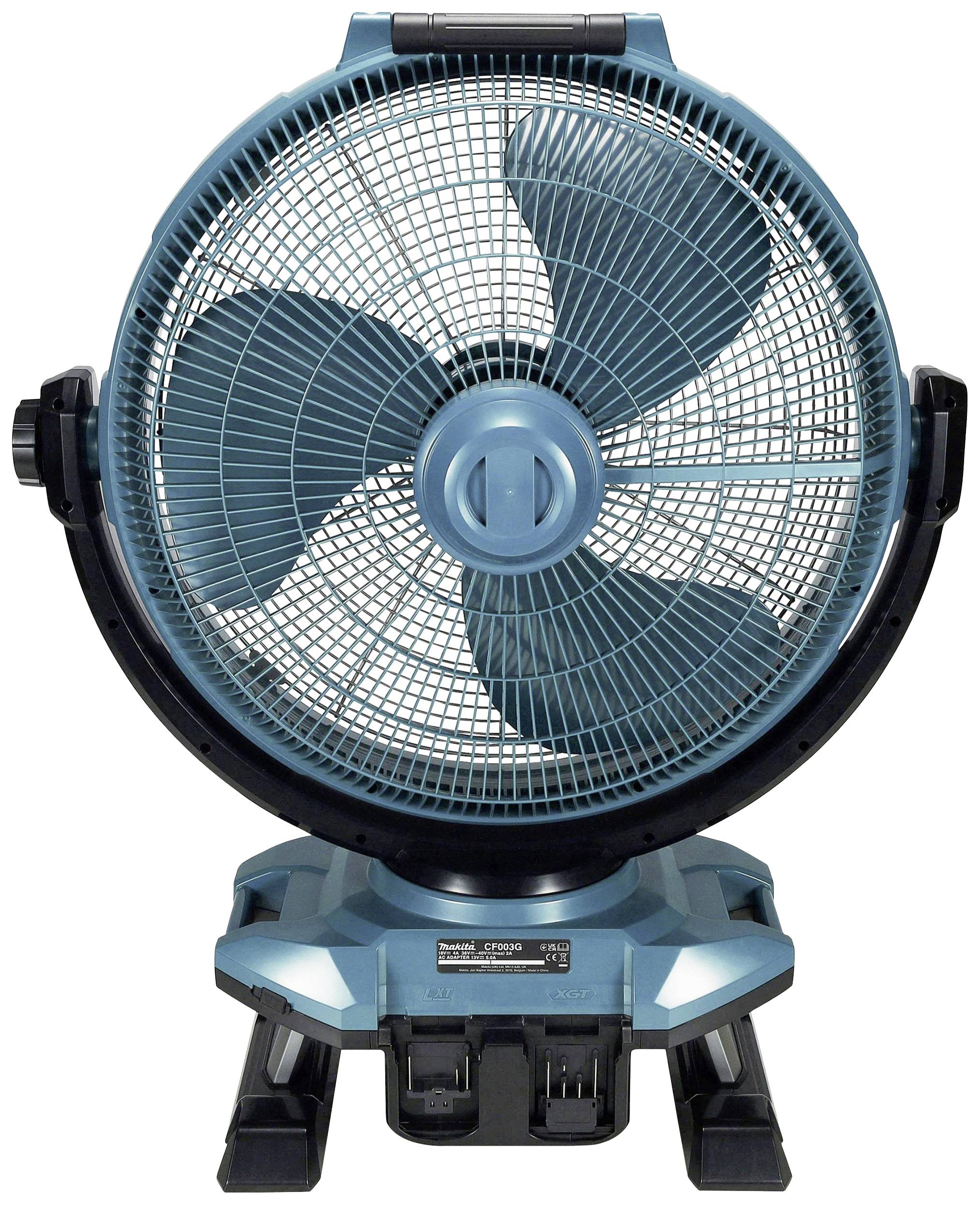 Ein blauer, tragbarer Ventilator mit großem Rotorblatt, montiert auf einem stabilen Sockel. Entworfen für hohe Mobilität und Leistung.