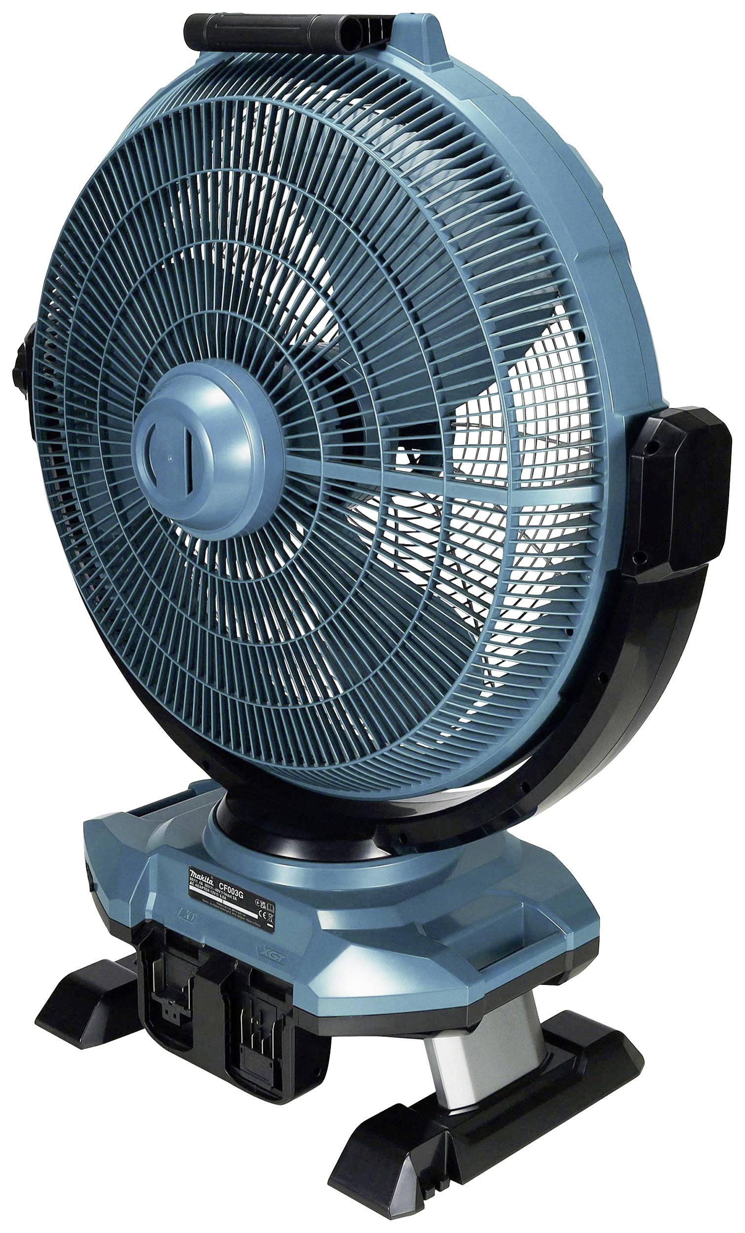Ein tragbarer, blauer Ventilator mit Schutzgitter und schwarzem Standfuß. Geeignet für flexible Kühlungsoptionen in Innenräumen.