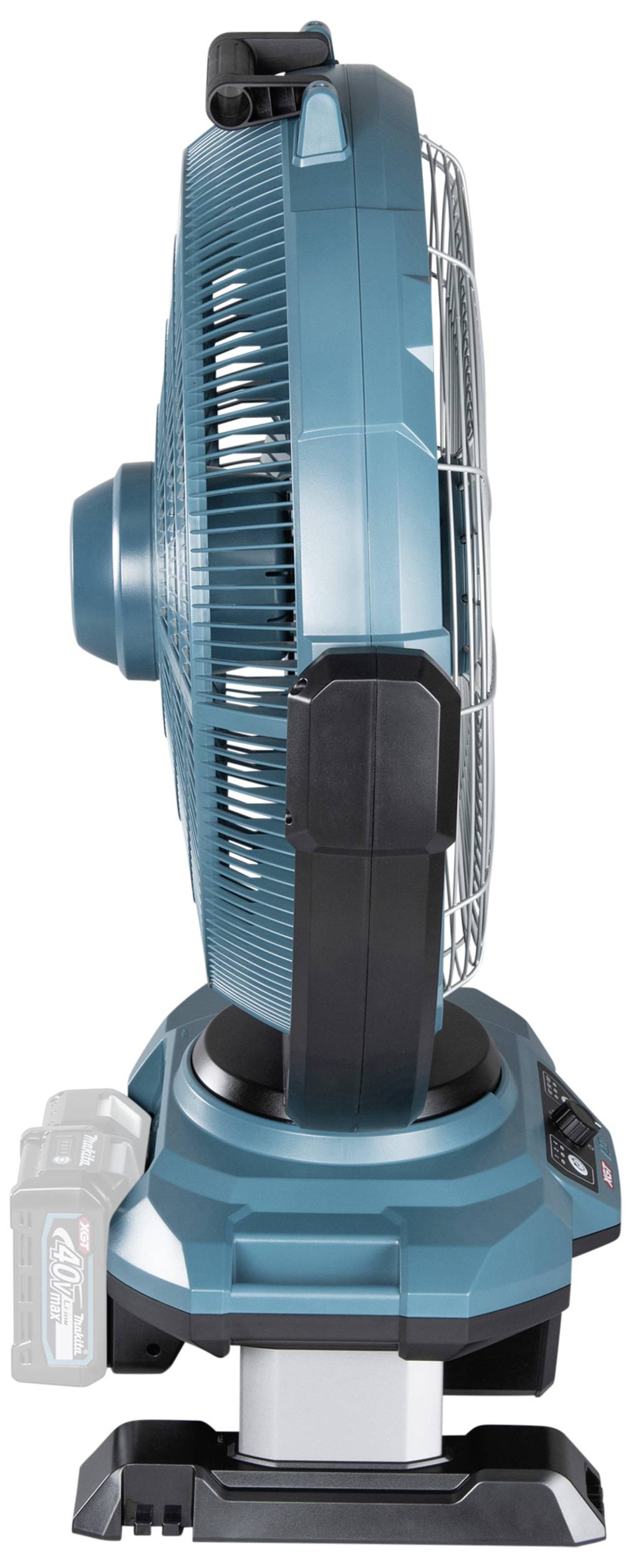 Ventilator im Profilansicht: Blaues, tragbares Modell mit Batteriefach. Geeignet für den Einsatz in verschiedenen Umgebungen.