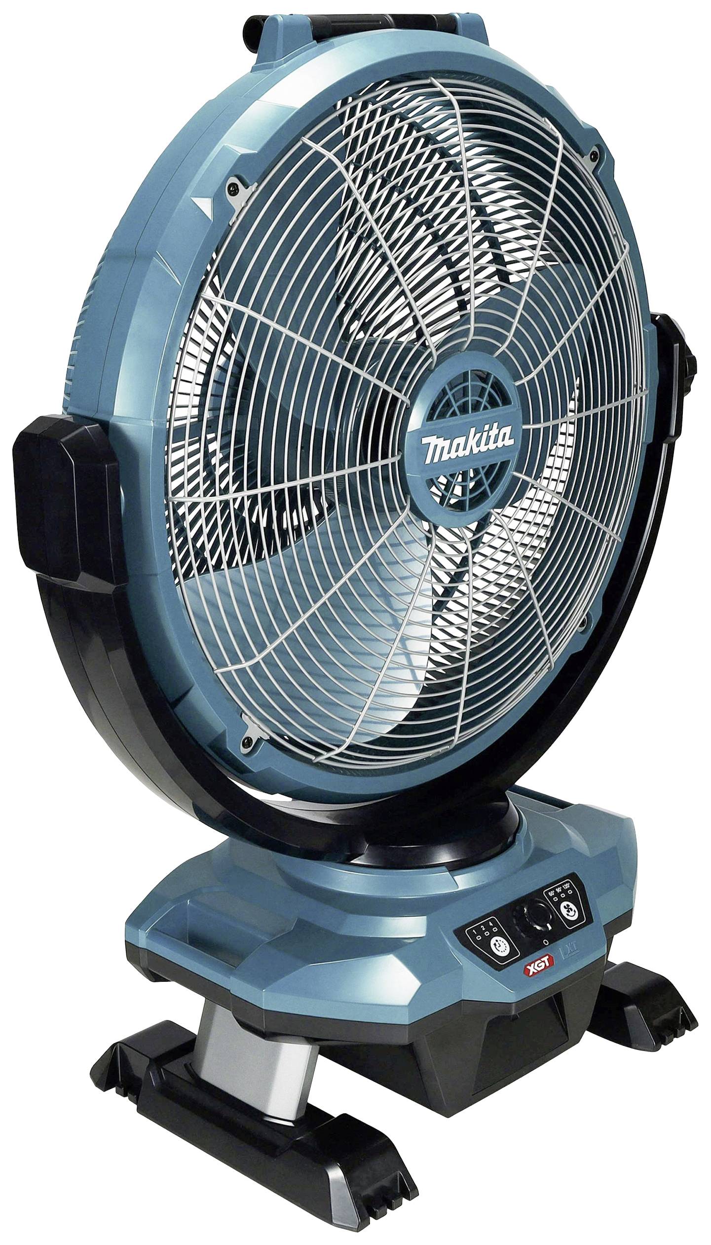 Blauer, tragbarer Ventilator mit dem Logo 'Makita' auf der Vorderseite, montiert auf einem stabilen Standfuß, geeignet für Werkstätten.