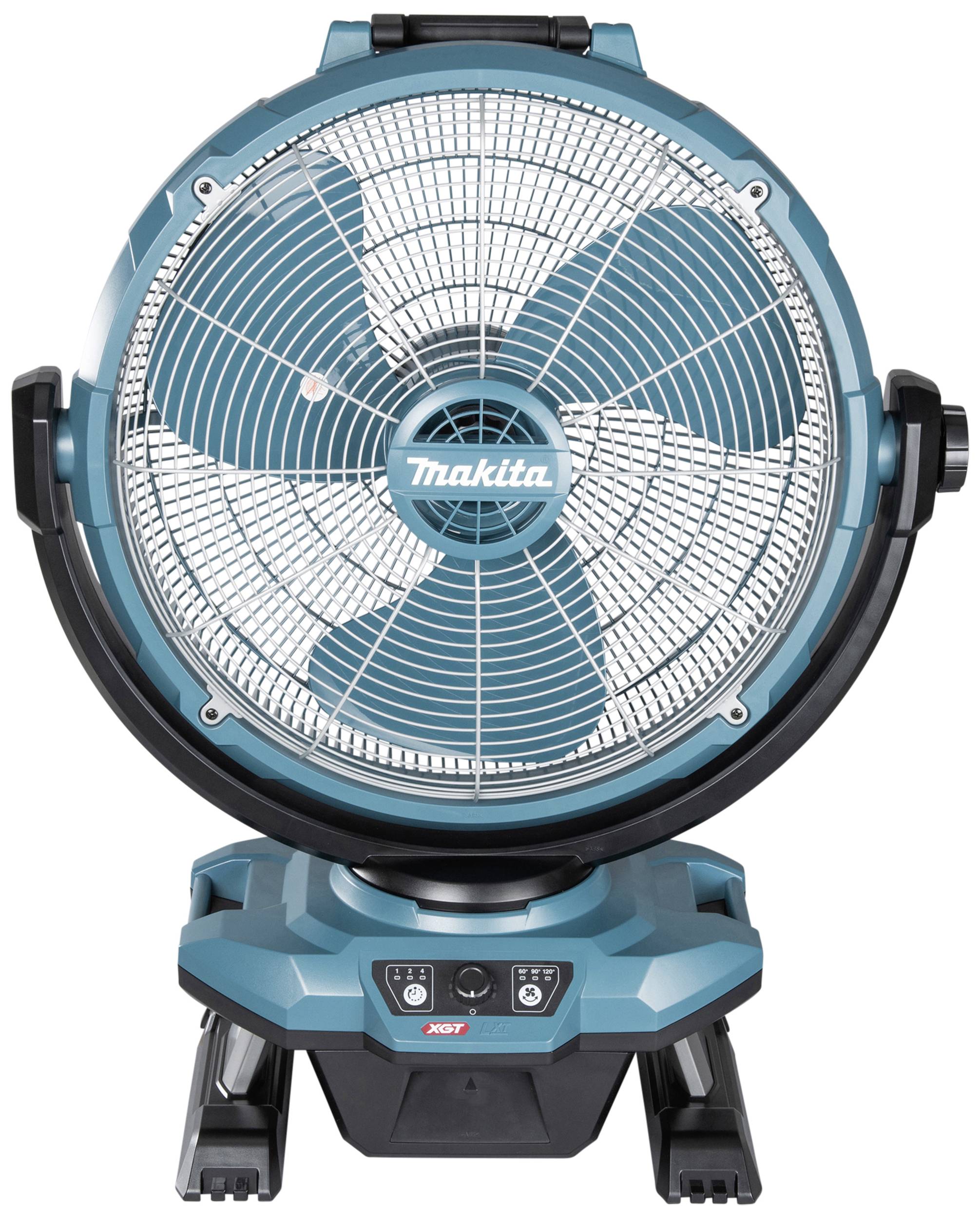 Ein tragbarer, türkisfarbener Ventilator der Marke Makita, auf einem Standfuß montiert, zeigt große Lüftungsschlitze und Bedienelemente am Sockel.