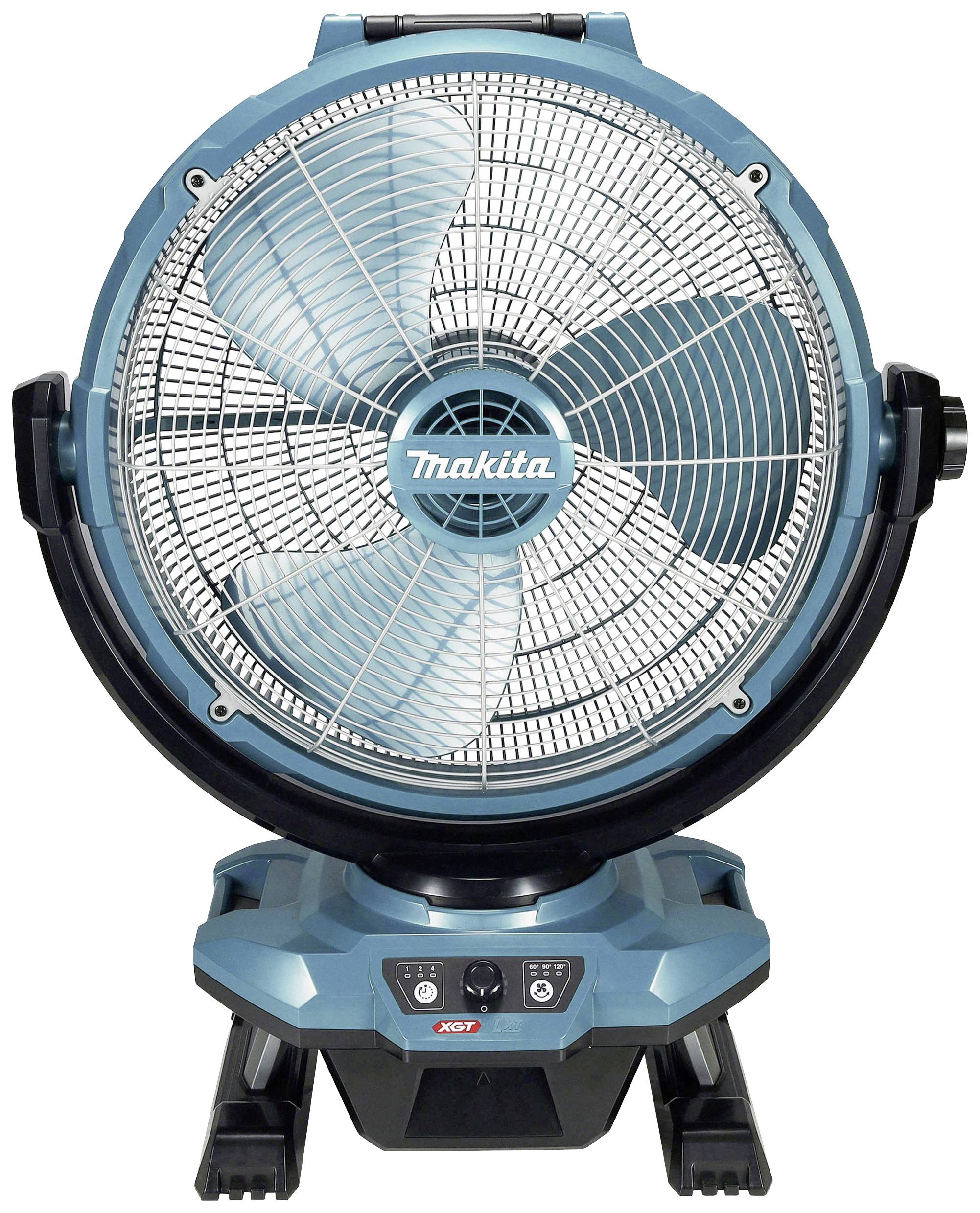Ein blauer Standventilator der Marke 'Makita' mit drei großen Rotorblättern, schwarzem Standfuß und Bedienelementen an der Basis.