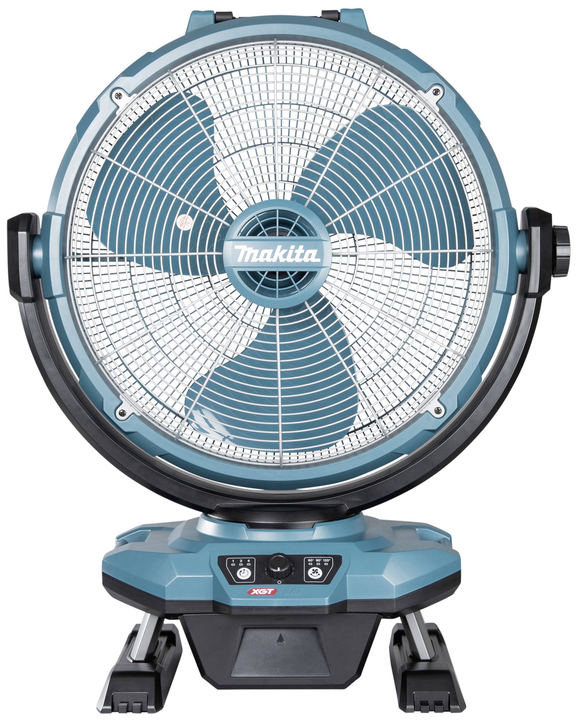 Ein großer, runder blauer und schwarzer Ventilator mit Gitterabdeckung und drei Flügeln auf einer stabilen Basis.