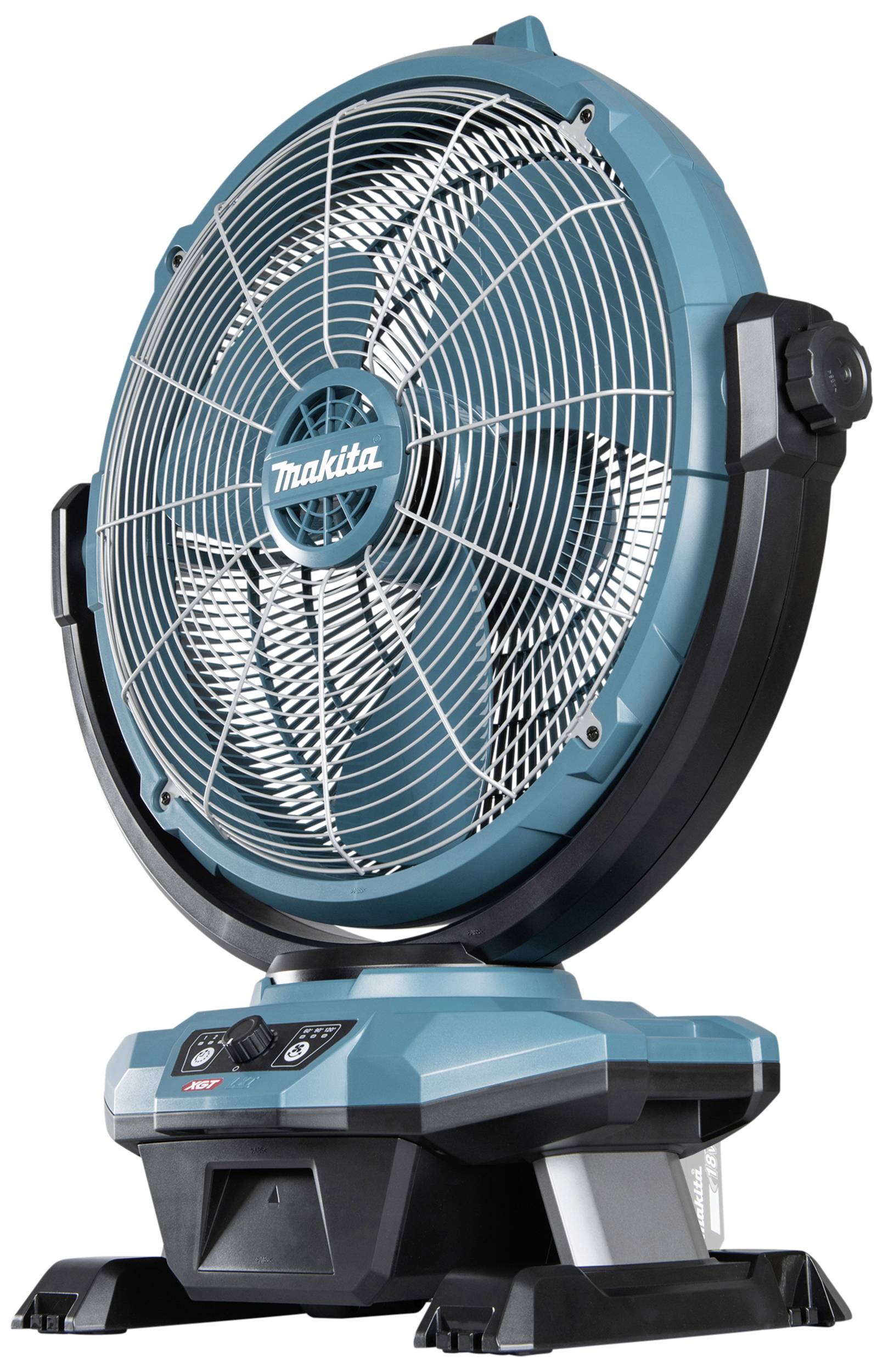 Ein tragbarer blauer Ventilator mit Netzgitter, Markenlogo in der Mitte und Bedienfeld an der Basis. Ideal für Arbeitsbereiche.