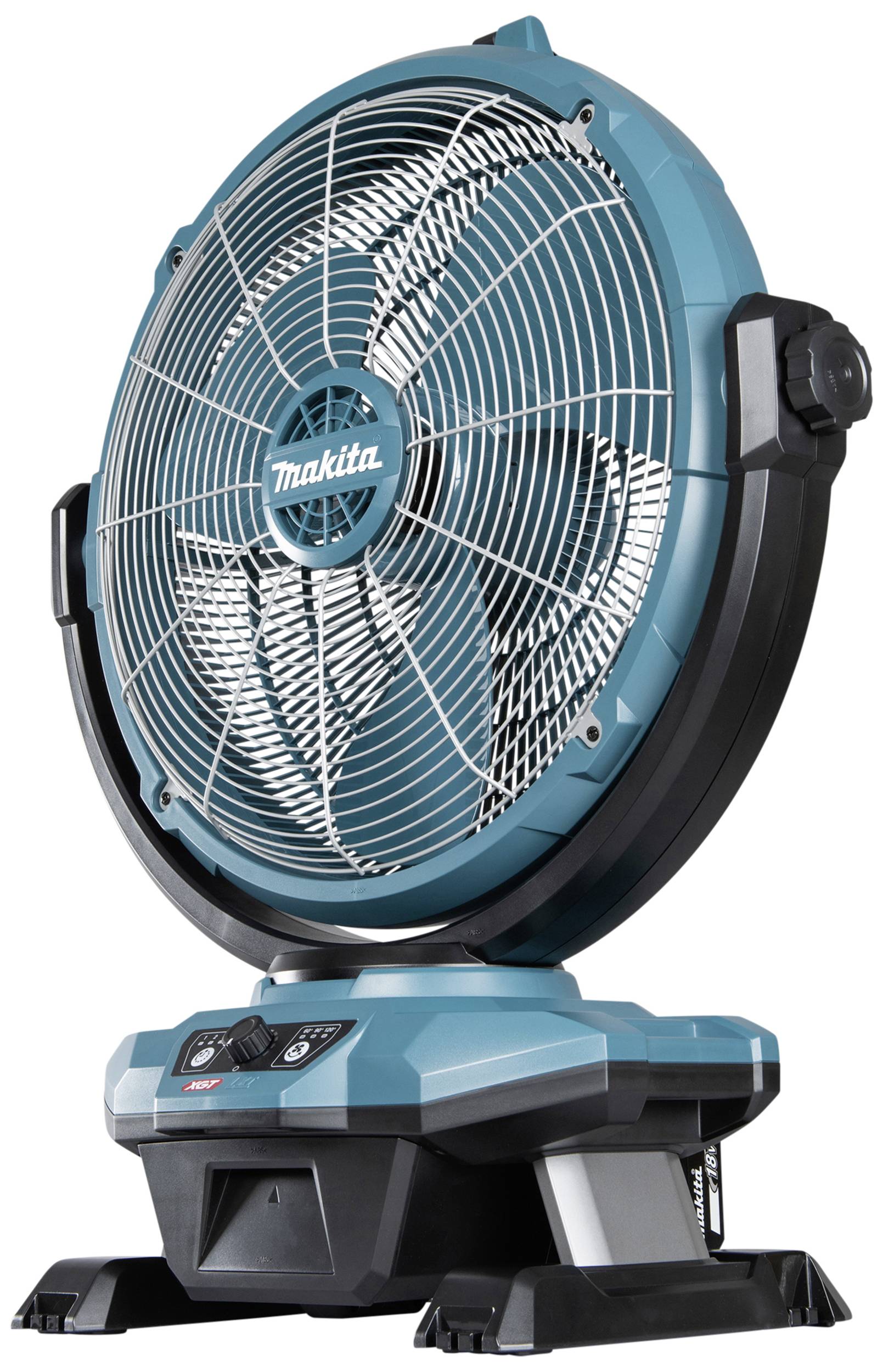 Blauer, tragbarer Ventilator mit Gitterabdeckung, auf einer stabilen Standfläche; Marke 