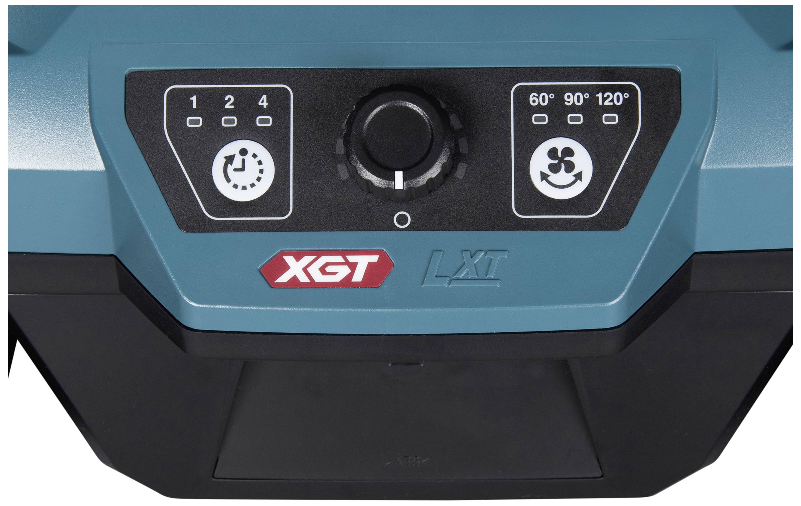 Bedienfeld eines Geräts mit Drehregler, zwei Tasten und Symbolen für Geschwindigkeitseinstellung. Markierung 'XGT' und 'LXT'.