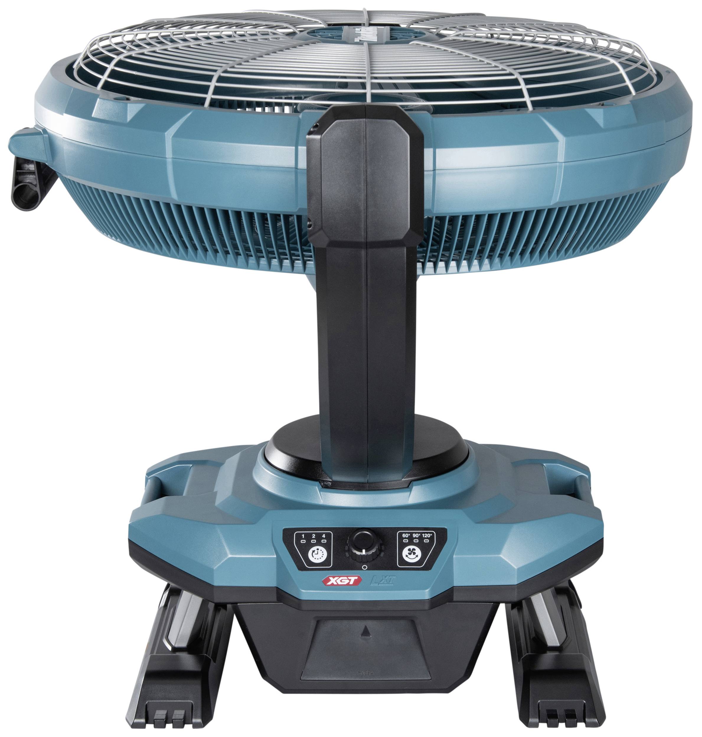 Ein blauer, tragbarer Industrieventilator mit robustem Design, auf einem stabilen Sockel montiert, geeignet für den Einsatz in großen Räumen.