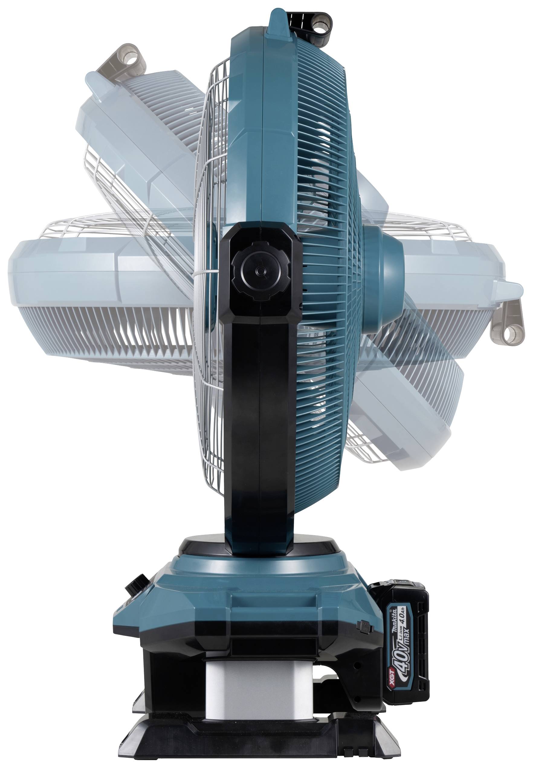 Blauer Tischventilator im Profil mit schwarzem Ständer. Batteriebetrieben, geeignet für einfache Platzierung und Bewegung.