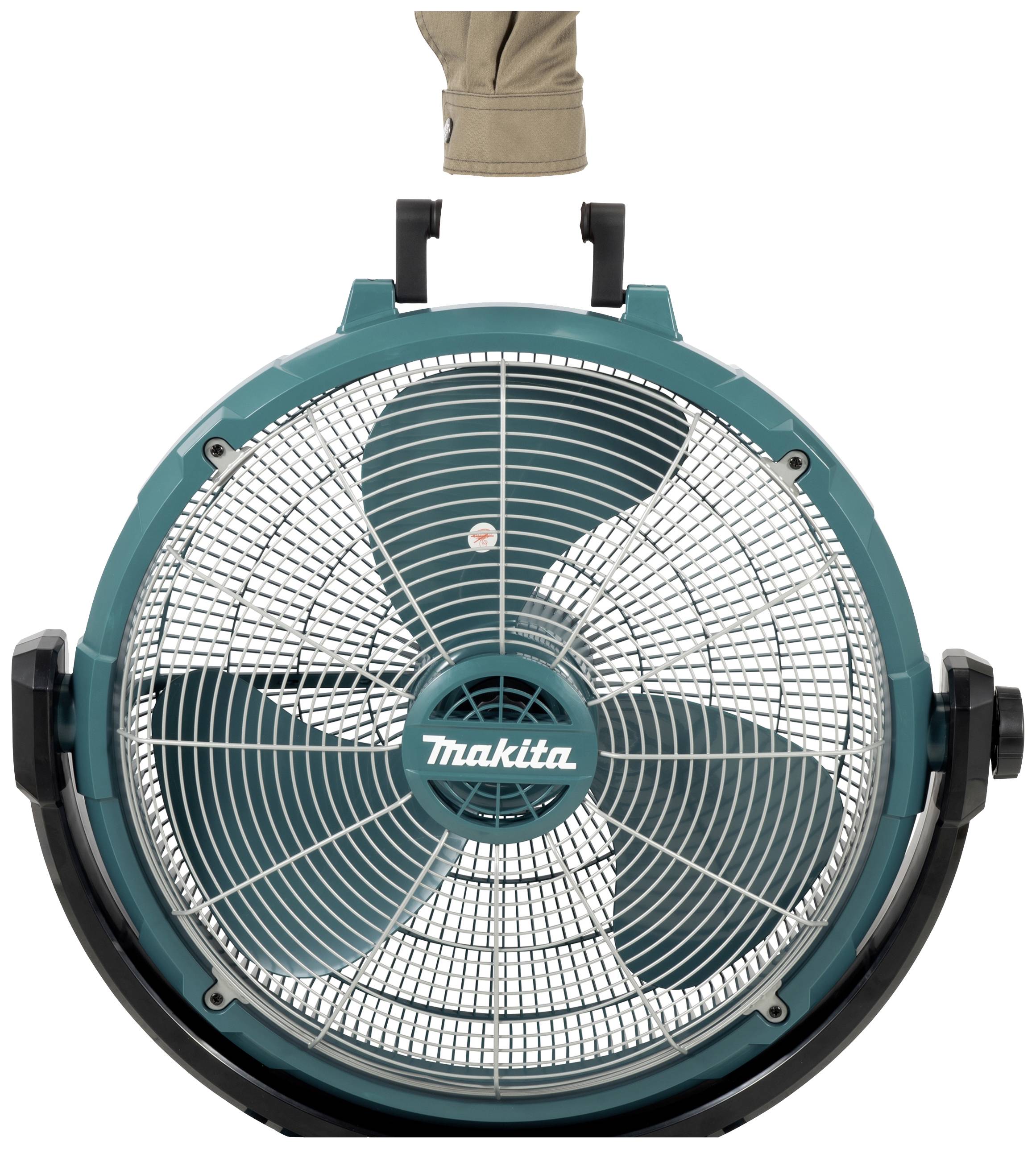 Ein Tischventilator mit einem blauen Gehäuse und drei Rotorblättern. Oben ist ein Griff angebracht, der den Transport erleichtert.