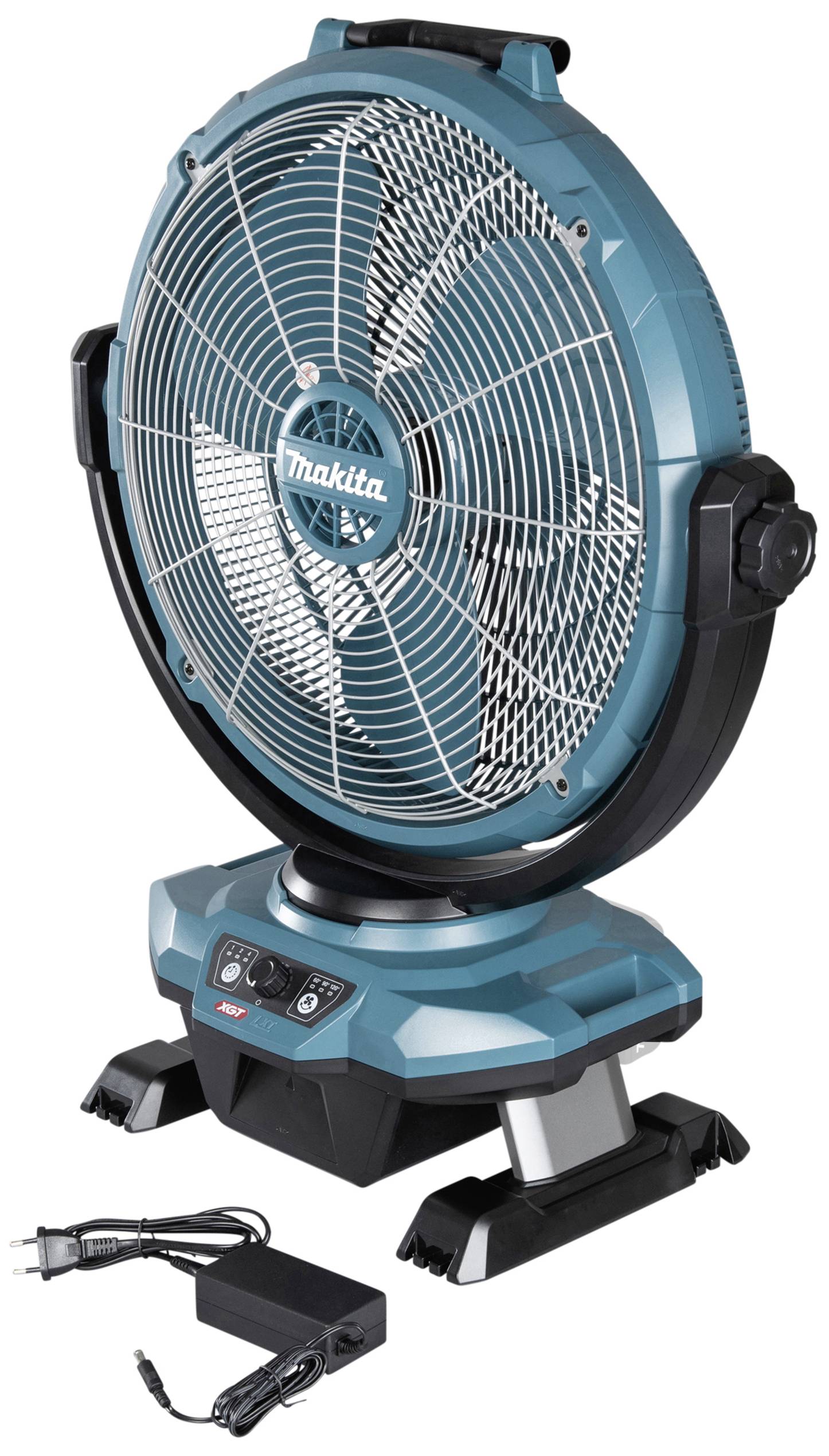 Tragbarer, blauer Ventilator von Makita mit Kabel und Netzteil, geeignet für Baustellen oder Werkstätten.