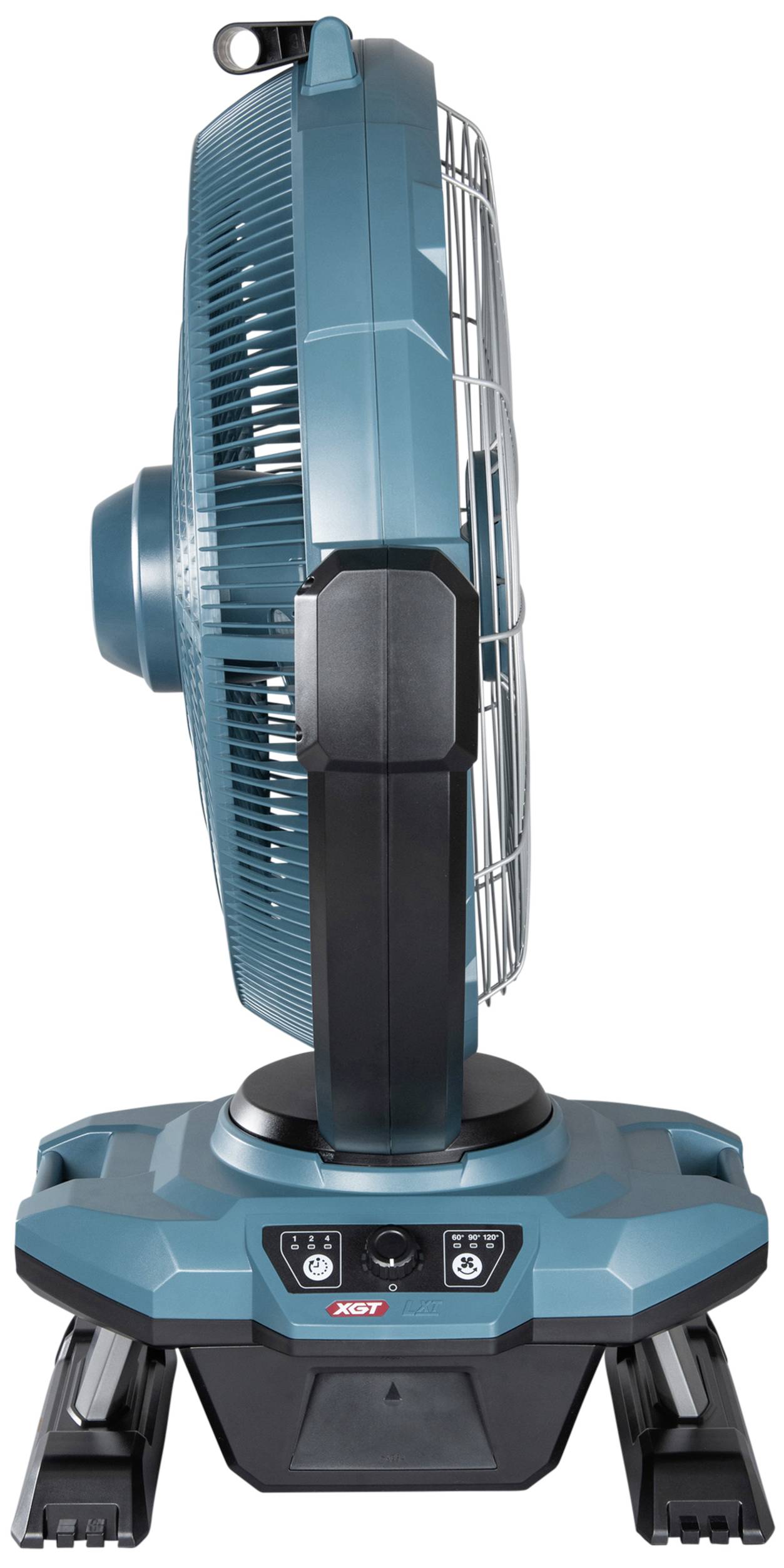 Ein seitlich abgebildeter mobiler Ventilator in Blau mit einem stabilen Standfuß auf Rollen, geeignet für den handwerklichen Einsatz.