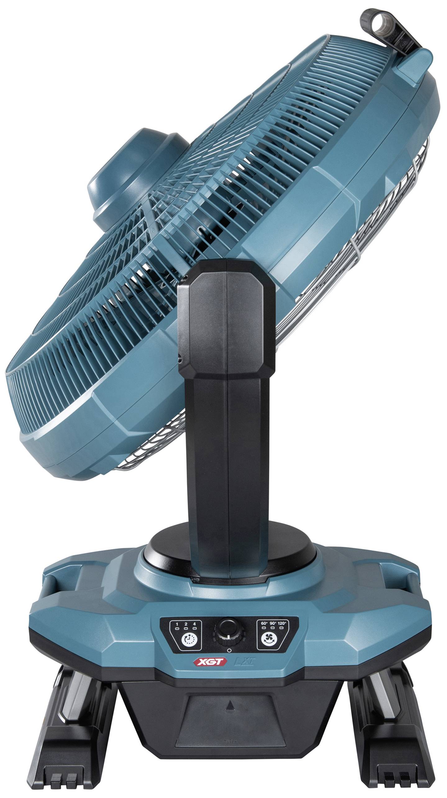 Ein tragbarer Ventilator in Blau mit verstellbarem Neigungswinkel und Standfuß. Von vorne sichtbar, mit Bedienelementen an der Basis.