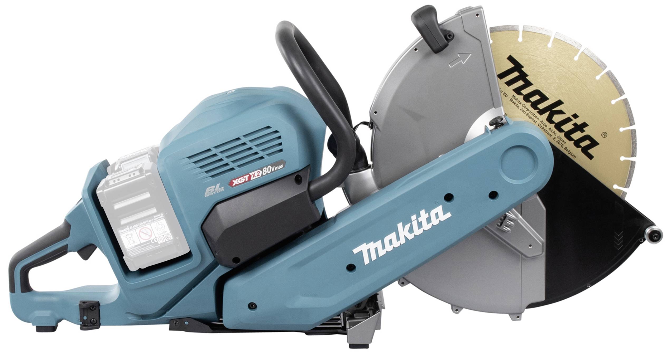 Kreissäge von Makita in blauem Gehäuse mit rundem Sägeblatt, ausgelegt für schwere Schneidarbeiten.