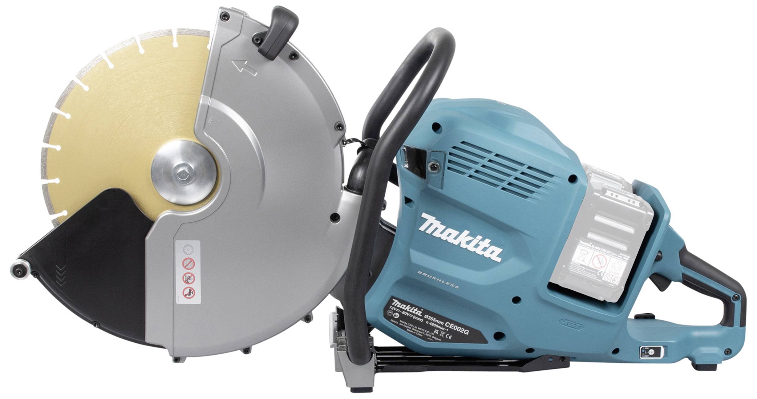 Akkubetriebene Makita-Trennsäge mit blauem Gehäuse und silbernem Schneidblatt, seitliche Ansicht. Werkzeug für Bauarbeiten.