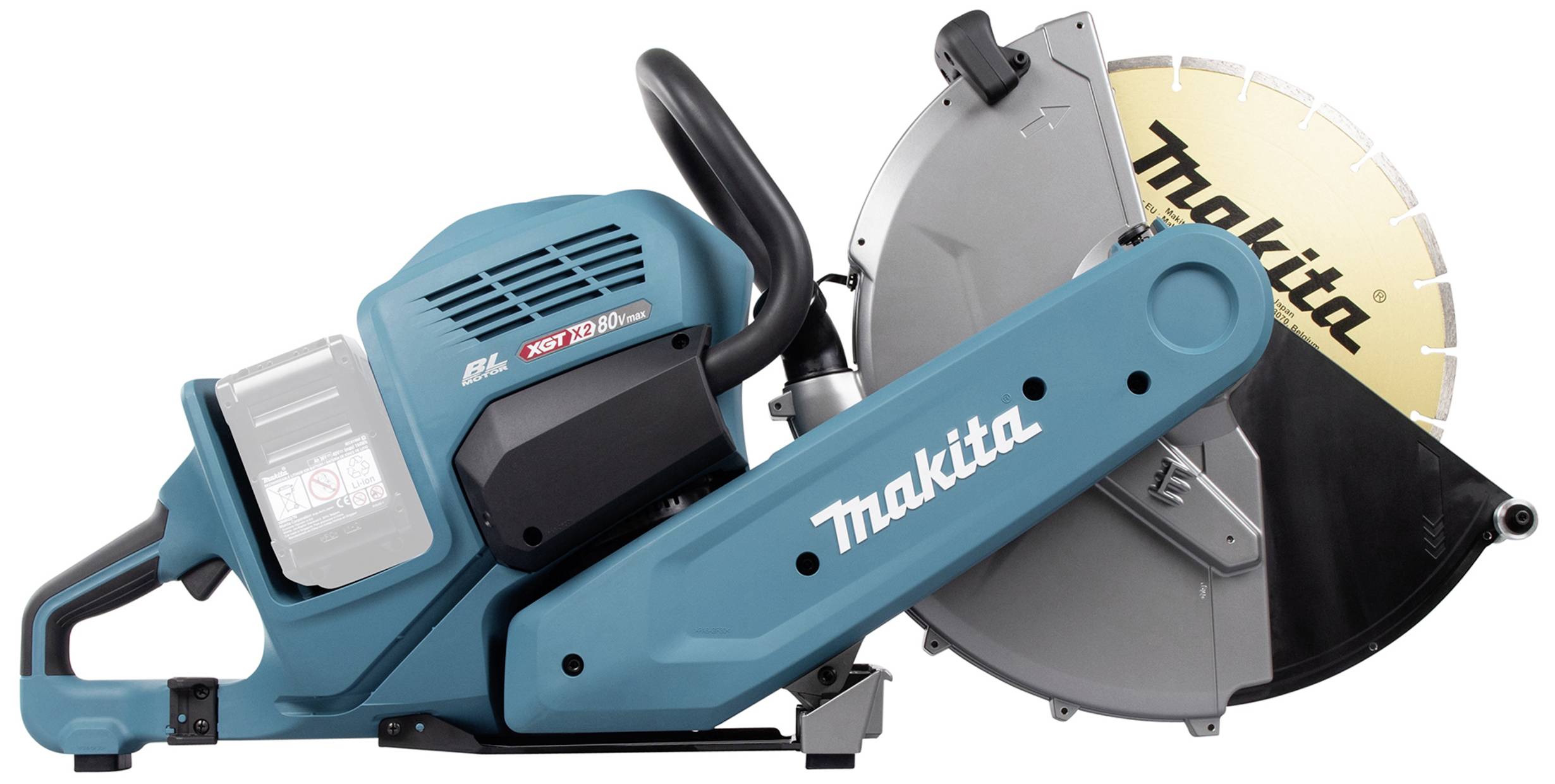 Handgeführte, blaue Trennsäge mit 'Makita'-Logo am Gehäuse und auf der großen, kreisförmigen Klinge.