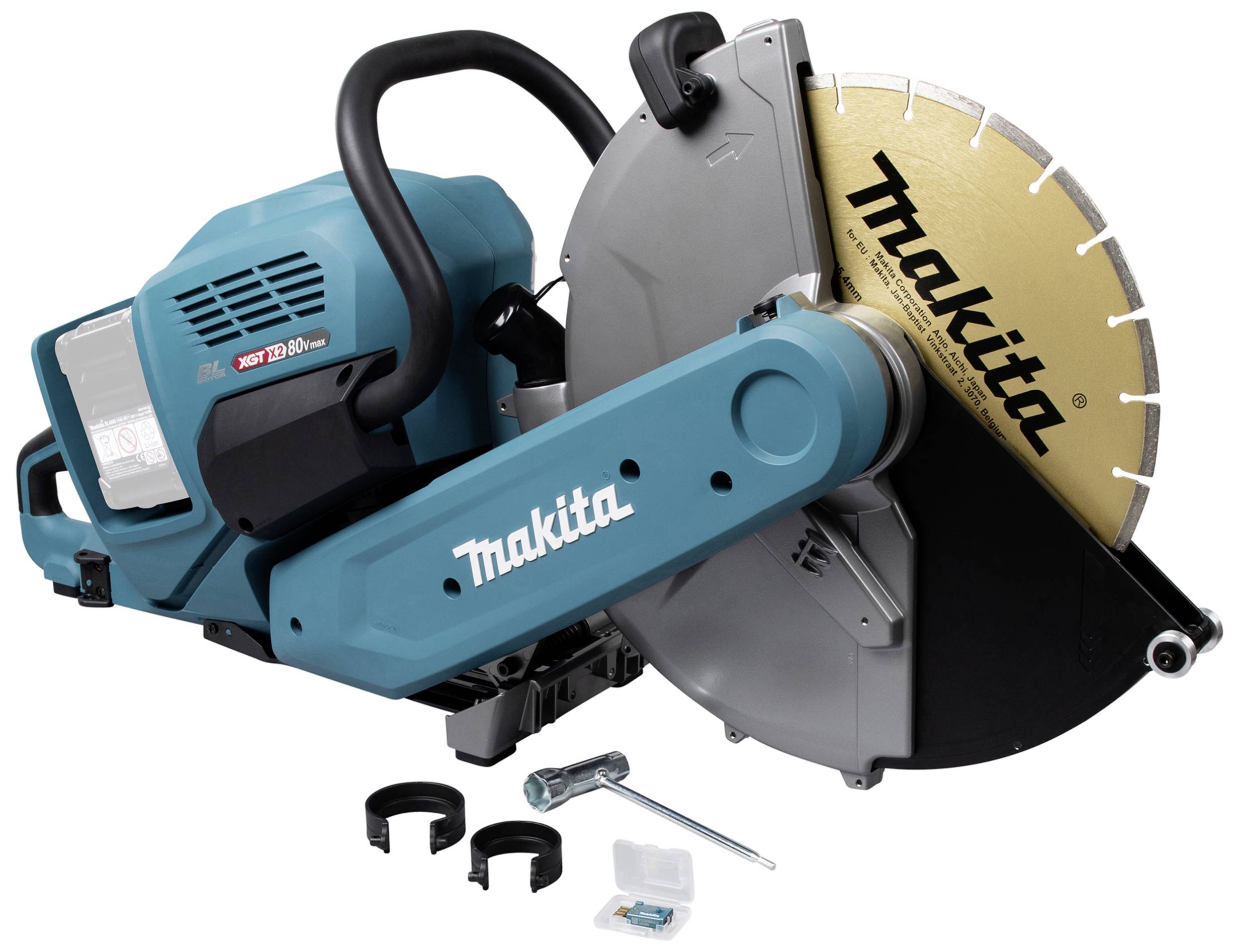 Ein blau-schwarzer Makita-Handtrennschleifer mit goldener Klinge, Zubehörteile und Werkzeug.