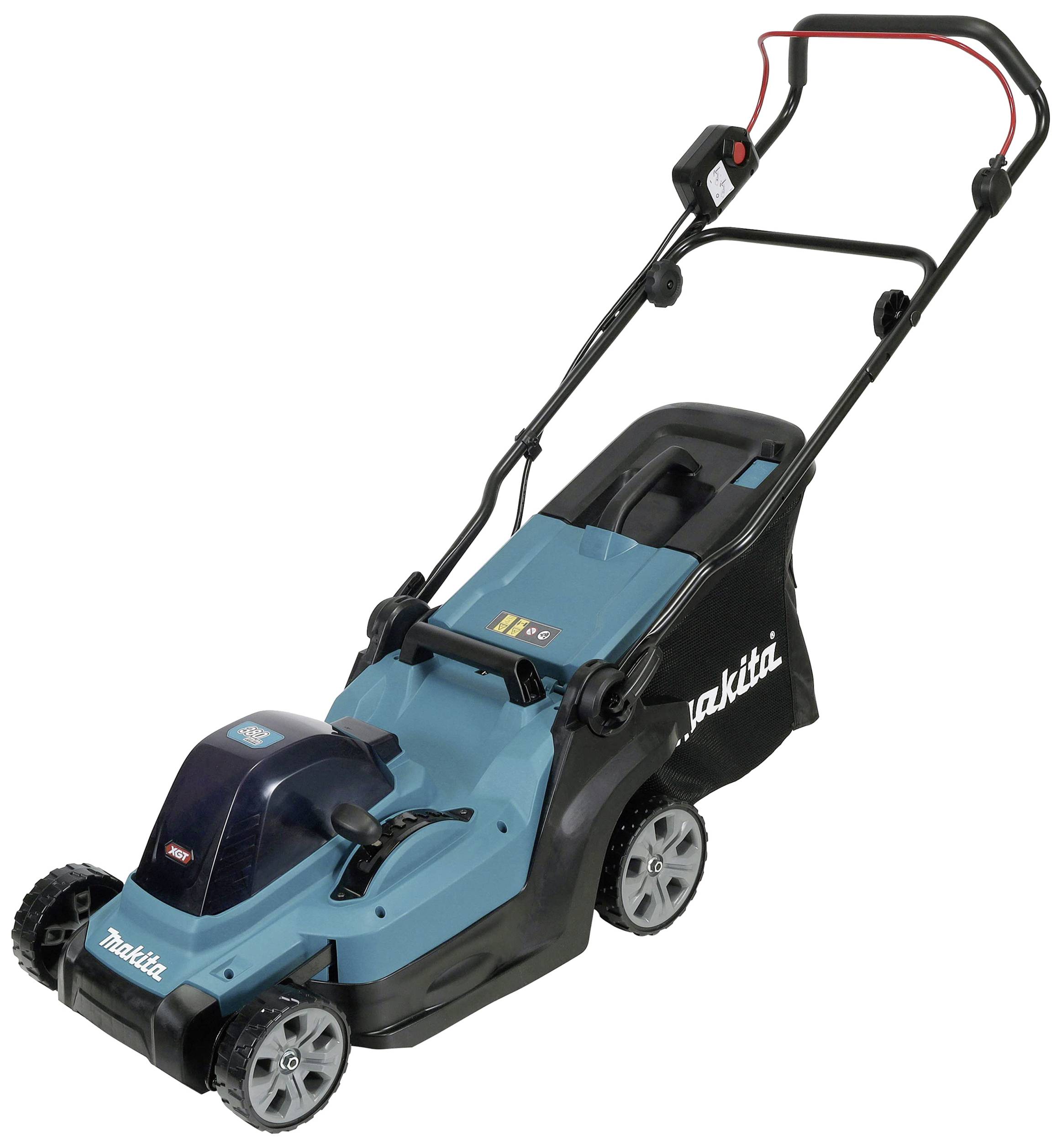 Ein elektrischer Rasenmäher in Blau und Schwarz mit großer Schneidfläche, ergonomischem Griff und Fangkorb für effiziente Gartenarbeit.