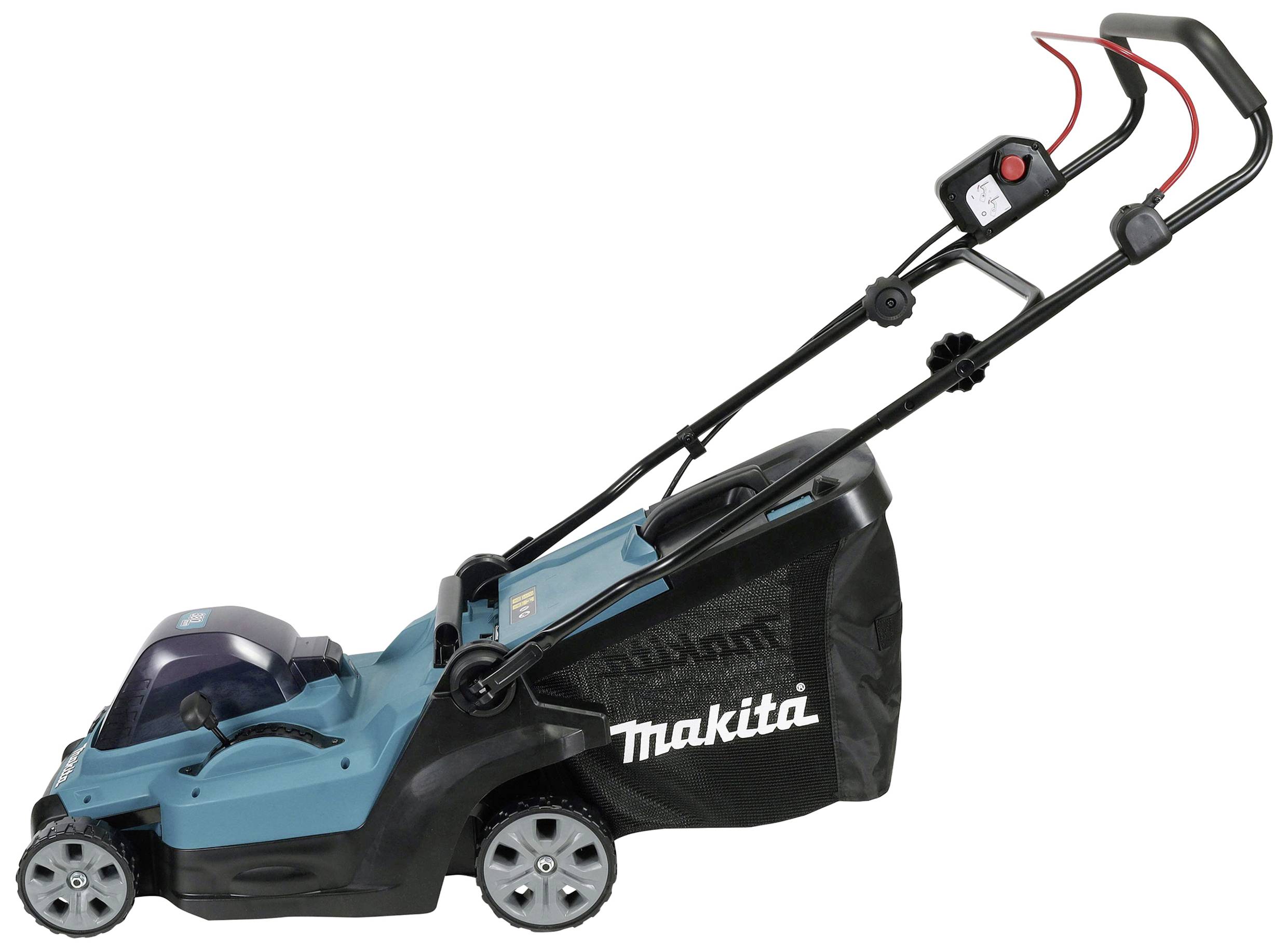 Rasenmäher in Blau und Schwarz mit rotem Griff und Rädern, markiert mit 'Makita', seitliche Ansicht, für Gartenarbeit geeignet.