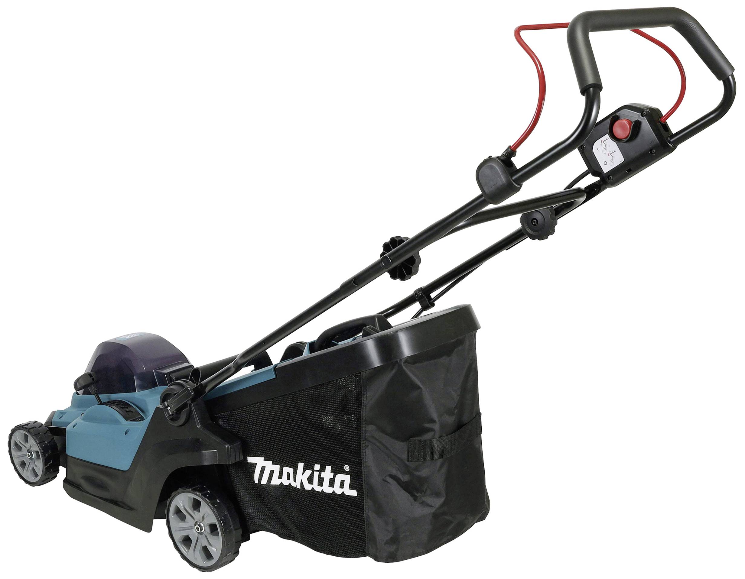 Elektrischer Rasenmäher mit schwarzem und blauem Gehäuse, roten Griffen und Fangkorb. Markenname 'Makita' auf dem Fangkorb.